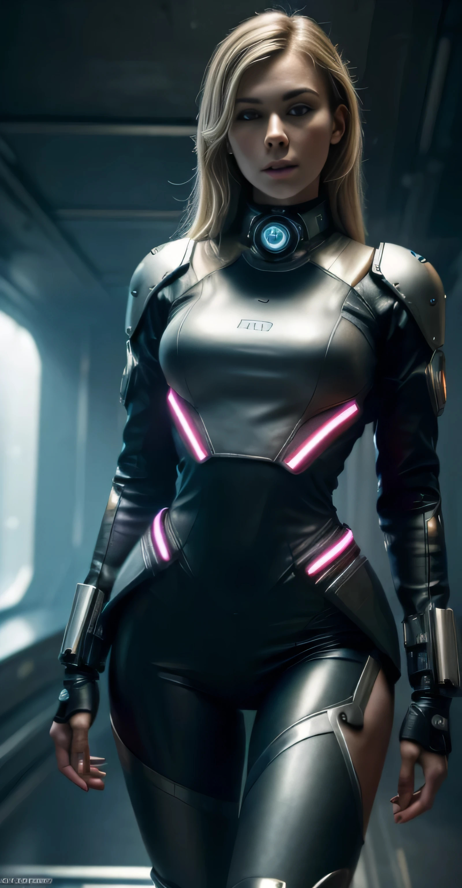 ((masterpiece, 8K, 3D, Realistic, Super Detail)), (1girl:1.3), slender , Ultra Micro photography, Super realistic, Perfect face, Beautiful features, ((Perfect female body)) Beautiful features, ( body), ((small hip)), Vanessa Kirby as Cyberpunk Mech Suit ((Exposed thigh)), Exposed Skin, Front Full body Shot, full body portrait, futuristic city background