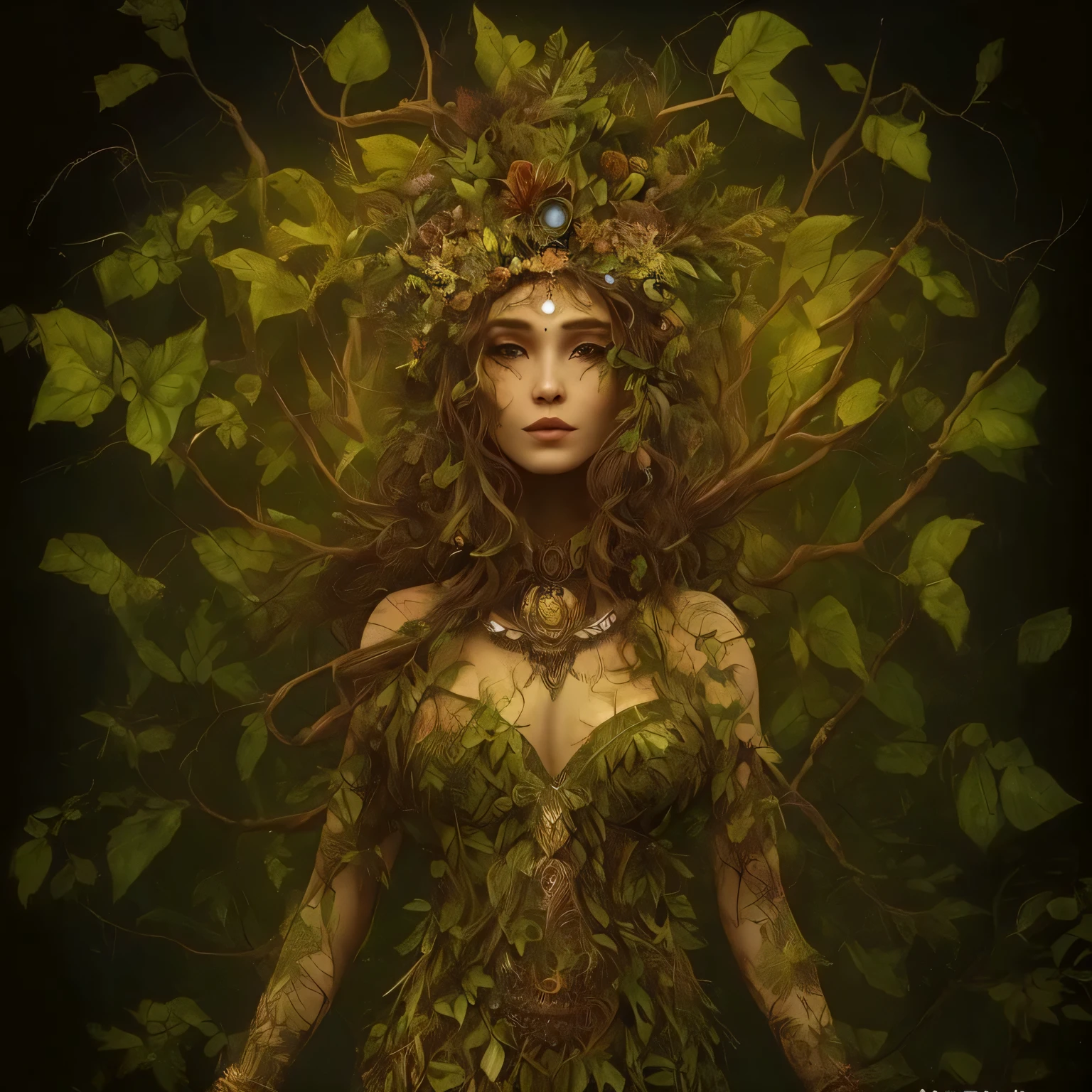 One has a tree head growing on his head、woman with leaves on head, Goddess of the jungle,Creative illustration, green,Earth Goddess Myth, Dryad, beautiful elegant Dryad, forest Dryad, nature goddess,Creative illustration