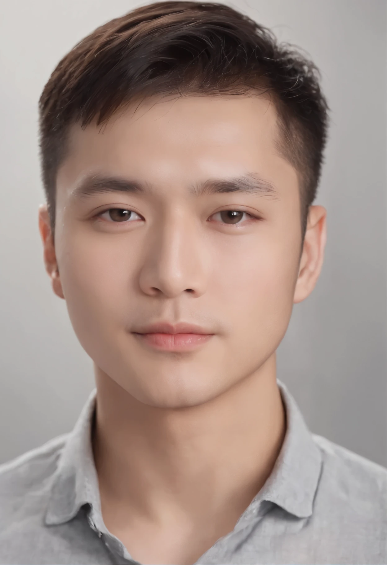 (photo: 1.3) af (realistic: 1.3), East Asian man, soft light, clear face, cheerful, warm light, ((gray-white gradient background)), (background)). ((gray wall background)) avatar, (short hair), handsome, young,, short hair, ((macro photography))