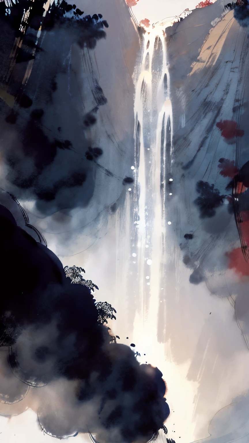 from below, Japanese style printing, ukiyo-e art, watercolor drawing, best quality, carp waterfall climbing, majestic, water droplets, mist, water smoke, incredibly absurdres, extremely detailed, delicate texture, slow motion, stillness, motion-blur, action-lines, speed-lines, artistic, delicate, flashy and dynamic depiction