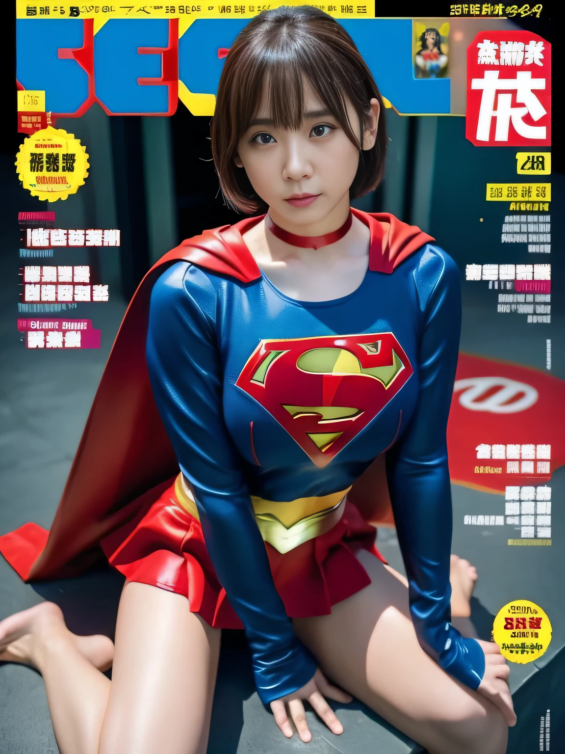 masterpiece、supergirl costume、short hair、barefoot、big and full breasts、Crisis situation、operating room、operating table、straddle、Sweat、shiny、look at the camera、provoke、Estrus、choker、Weekly magazine cover、long sleeve、red mini skirt、obscene pose、Seduce、