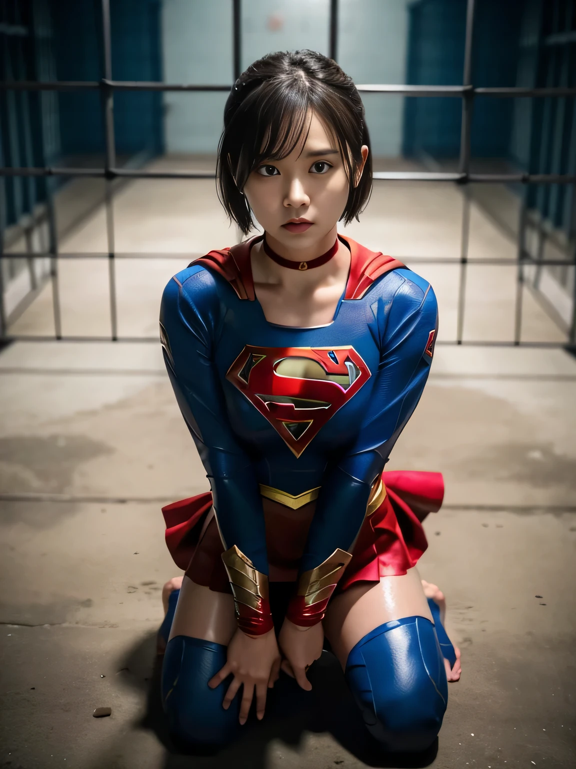 masterpiece、supergirl costume、short hair、barefoot、Big and full breast station、Crisis situation、prison、in a cage、sense of abuse、kneel down、sweaty、shiny、looking at camera、Seduce、choker、long sleeve、red sexy pose、POW camps、humiliating、