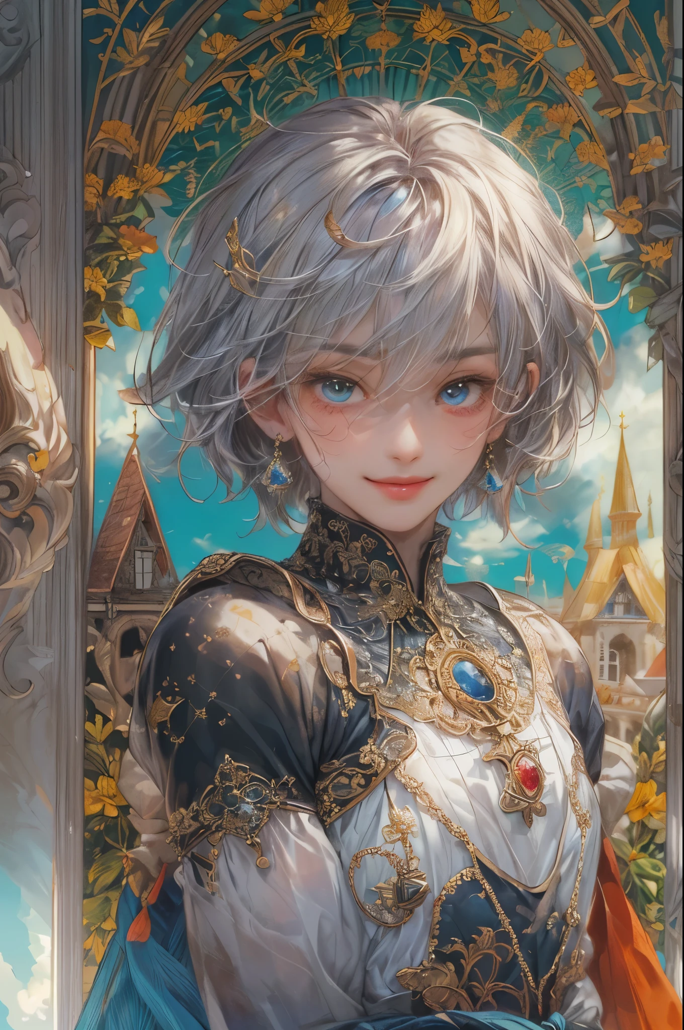 ((absurdres, highres, ultra detailed, perfect face), 1 boy , front view, young boy, handsome boy villain character from prince of Persia, short hair, anime eyes, celestial clothes with colorful details, eyes on the viewer, add red details to picture and smirk, dimples, extremely detailed CG unity 8k wallpaper, add blue details on side, intricate details and add yellow details on left, rose ornaments, witch castle background, detailed houses town scenery window background, tim burton style theme