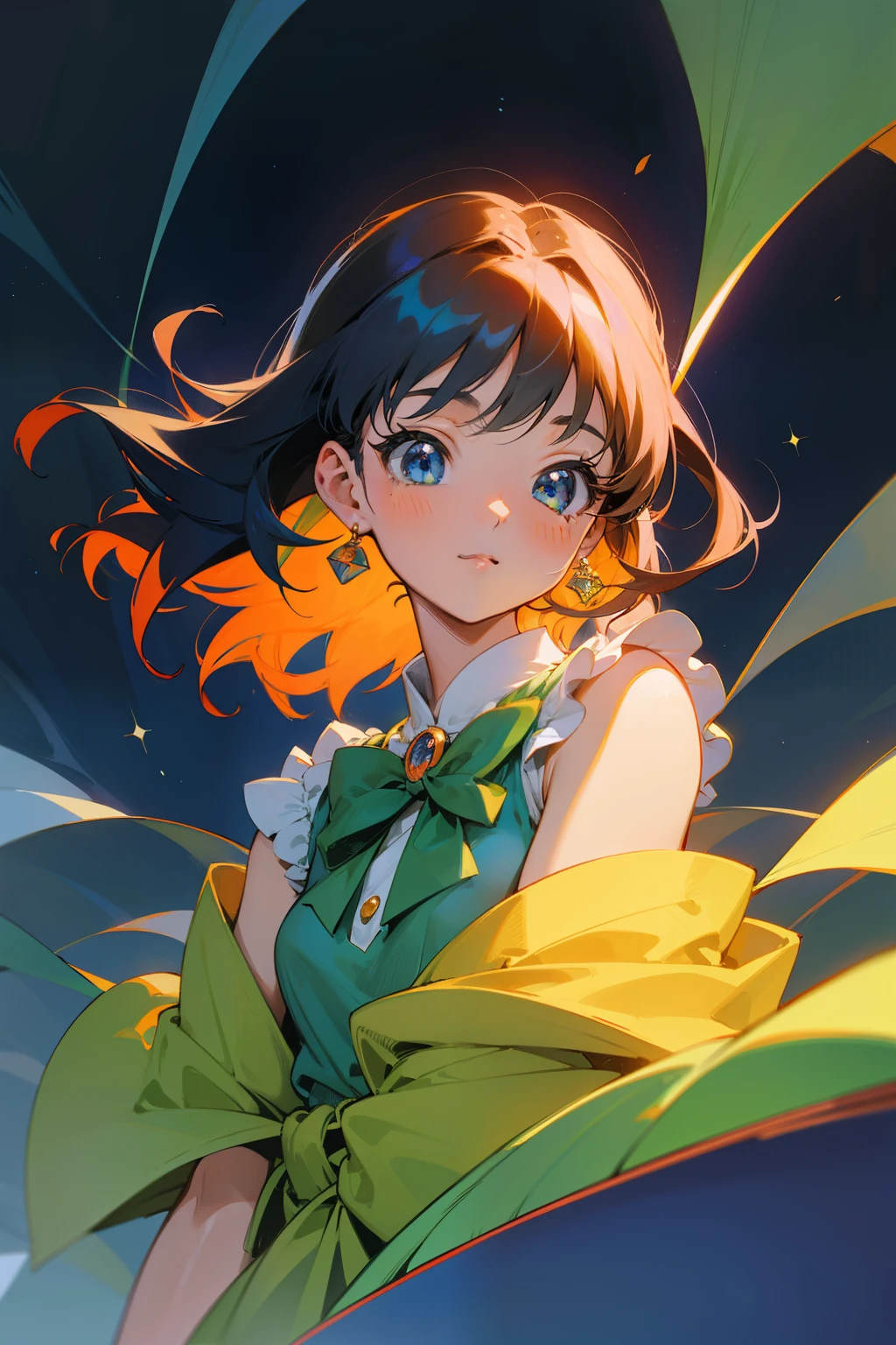 Old anime style, vintage flair, a masterpiece of 90's art, Naoko Takeuchi inspired, top-quality illustration, (one girl, solo, lost in thought), intricate details galore, sfw presentation, reminiscent of Nakano Yotsuba, blue eyes sparkling with life, indigo hues reflecting depth, Aayotsuba's likeness, orange shoulder-length hair cascading softly, bobbed orange locks framing a happy face, a green ribbon tied neatly in her hair, green bowtie adding a pop of color, yellow sleeveless sweater hugging her frame, collared white shirt beneath, green pleated