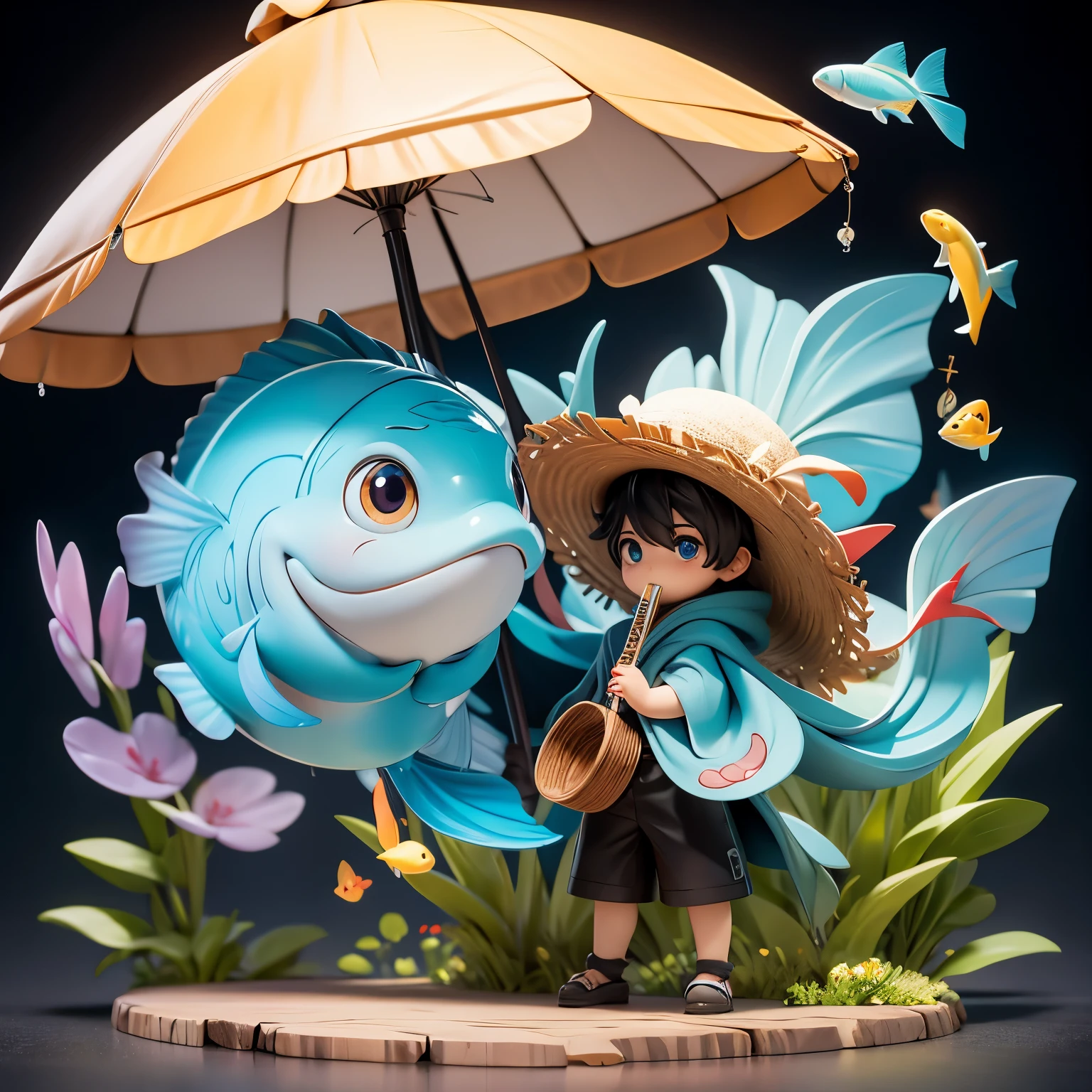 Black-haired male with eyes, boys, short sleeve shorts, wearing a long cloak, a straw hat，Two streamers and countless wind chimes, Playing a green flute on the back of a big fish made of water, Leading more fish behind him