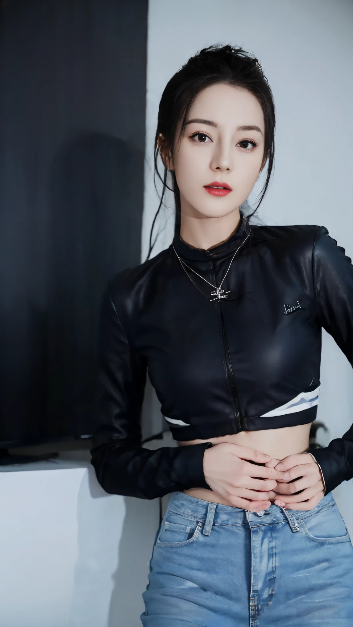 best quality, masterpiece, high resolution, 8k, (actual: 1.4), Ultra high resolution, 1 girl, super detailed, surreal, Highly detailed CG illustrations, official art, white movie lighting, Reality, beautiful young girl, Perfect body, Perfect body,(start from below: 1.3),Wearing bra and jeans,lean forward,Slender, skinny jeans, ( ( ( wearing jeans ) ) ), full view, sexy girl,, head shoot,heels,looking at the viewer,low rise jeans,bra,Show your waist