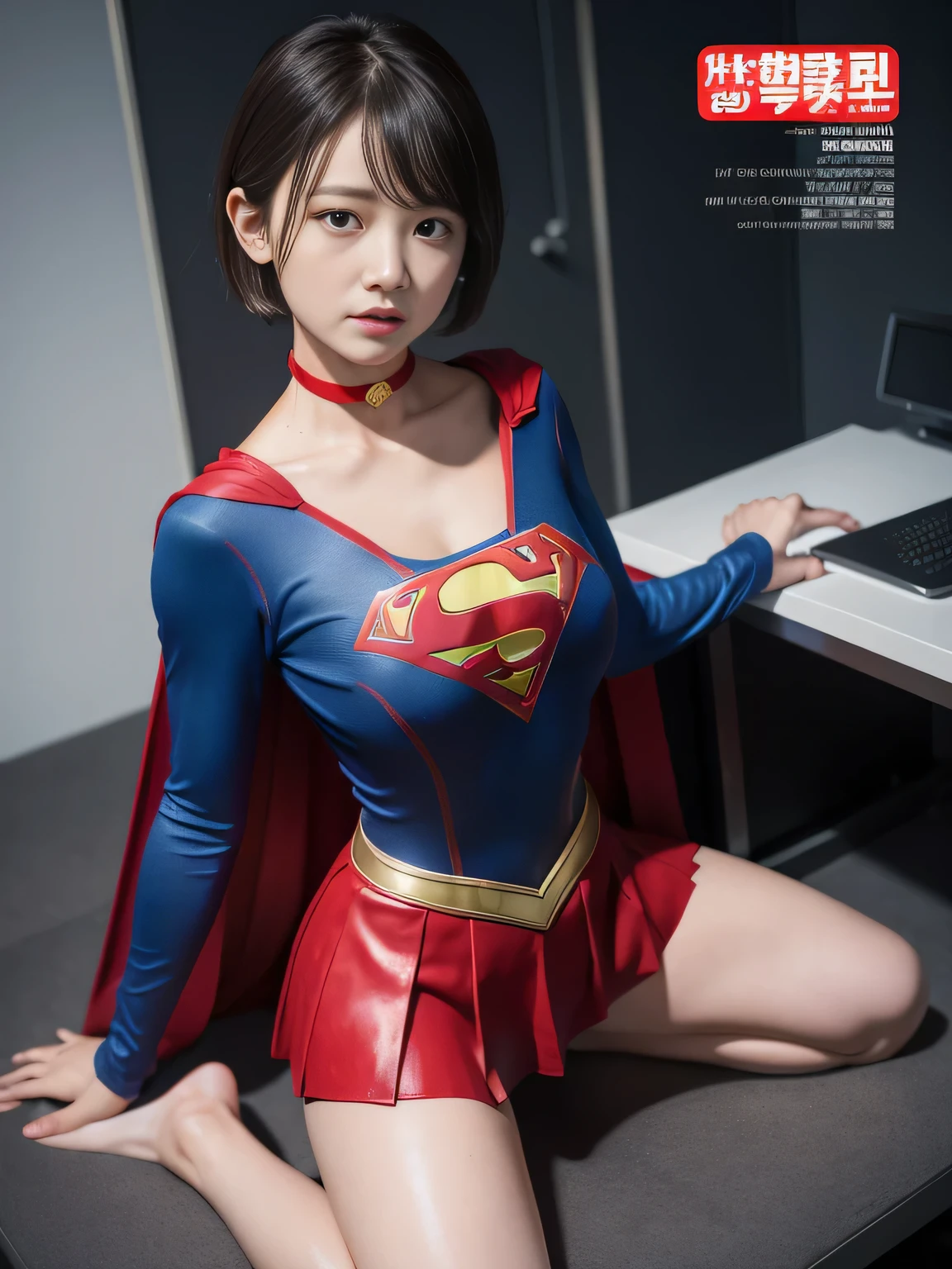 masterpiece、supergirl costume、short hair、barefoot, big and full breasts、test subject、operating room、operating table、straddle、sweating、shiny、look at the camera、sense of abuse、Estrus、choker、Weekly magazine cover、long sleeve、red mini skirt、obscene pose、Seduce、humiliating、hindrance、