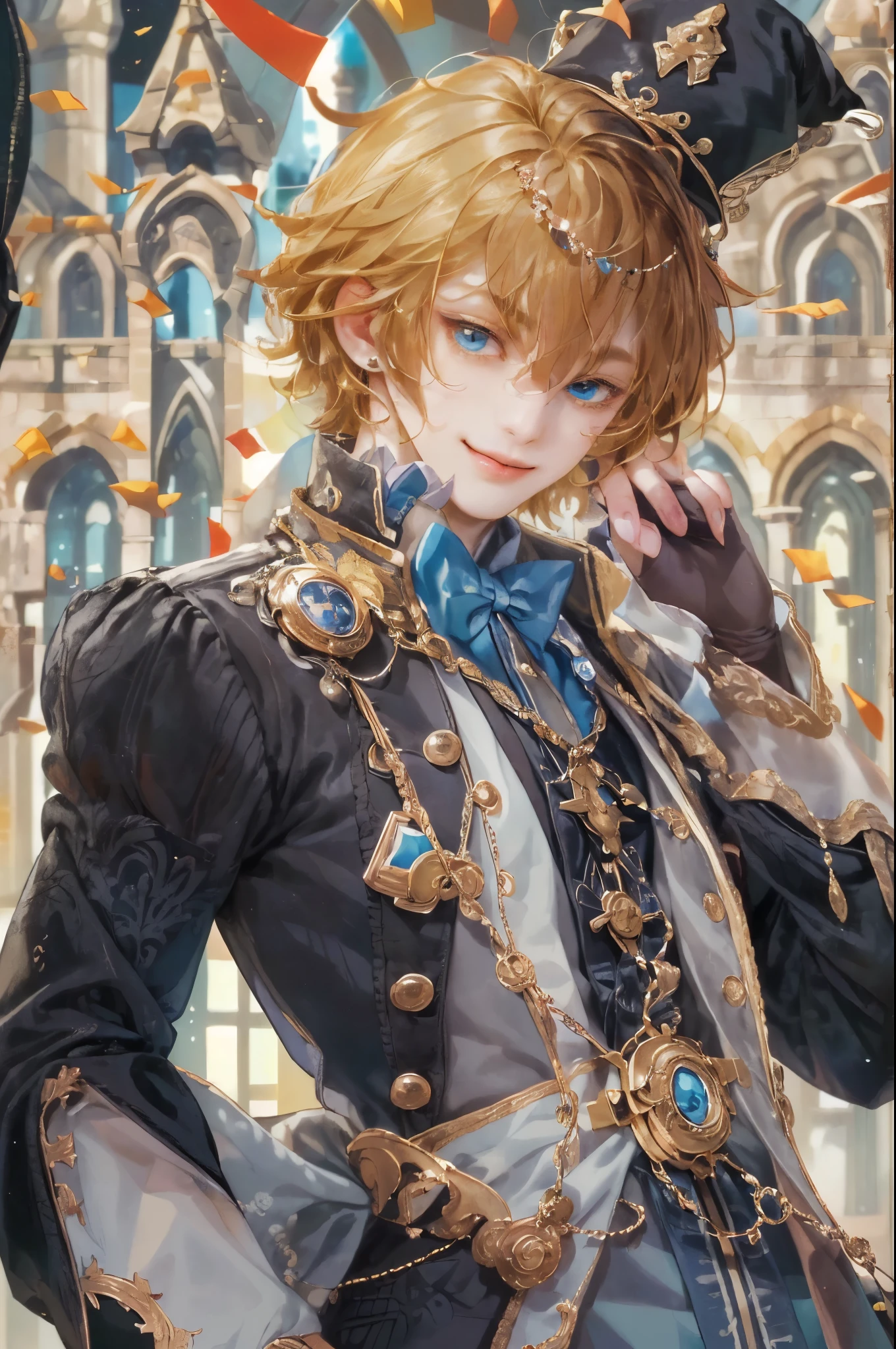((absurdres, highres, ultra detailed, perfect face), 1 boy , front view, young boy, handsome boy villain character from Uta no Prince sama, short hair, anime eyes, alchemist clothes with colorful details,  eyes on the viewer, add red details to picture and smirk, dimples, extremely detailed CG unity 8k wallpaper, add blue details on side, intricate details and add yellow details on left, rose ornaments, witch castle background, detailed houses town scenery window background, tim burton style theme