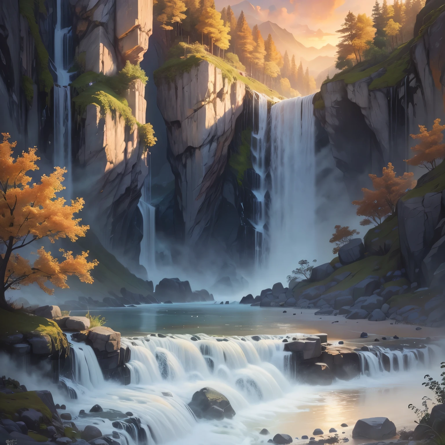 (masterpiece、Super exquisite、high resolution),郁郁葱葱的绿色山脉令人着迷的Scenic waterfall, 沐浴在柔和的sunset光下. The scene should evoke a sense of tranquility and. Bob Ross 和 Thomas Kinkade 的high resolution数字, Trending on DeviantArt and Pinterest, Render at 4K resolution,Attention to detail and realistic lighting,(sunset、Residual Yang、Scenic waterfall:1.5)