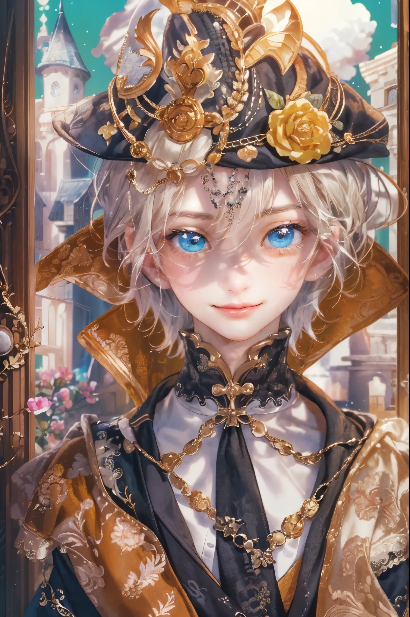 ((absurdres, highres, ultra detailed, perfect face), 1 boy , front view, young boy, handsome boy villain character from Uta no Prince sama, short hair, anime eyes, alchemist clothes with colorful details, eyes on the viewer, add red details to picture and smirk, dimples, extremely detailed CG unity 8k wallpaper, add blue details on side, intricate details and add yellow details on left, rose ornaments, witch castle background, detailed houses town scenery window background, tim burton style theme
