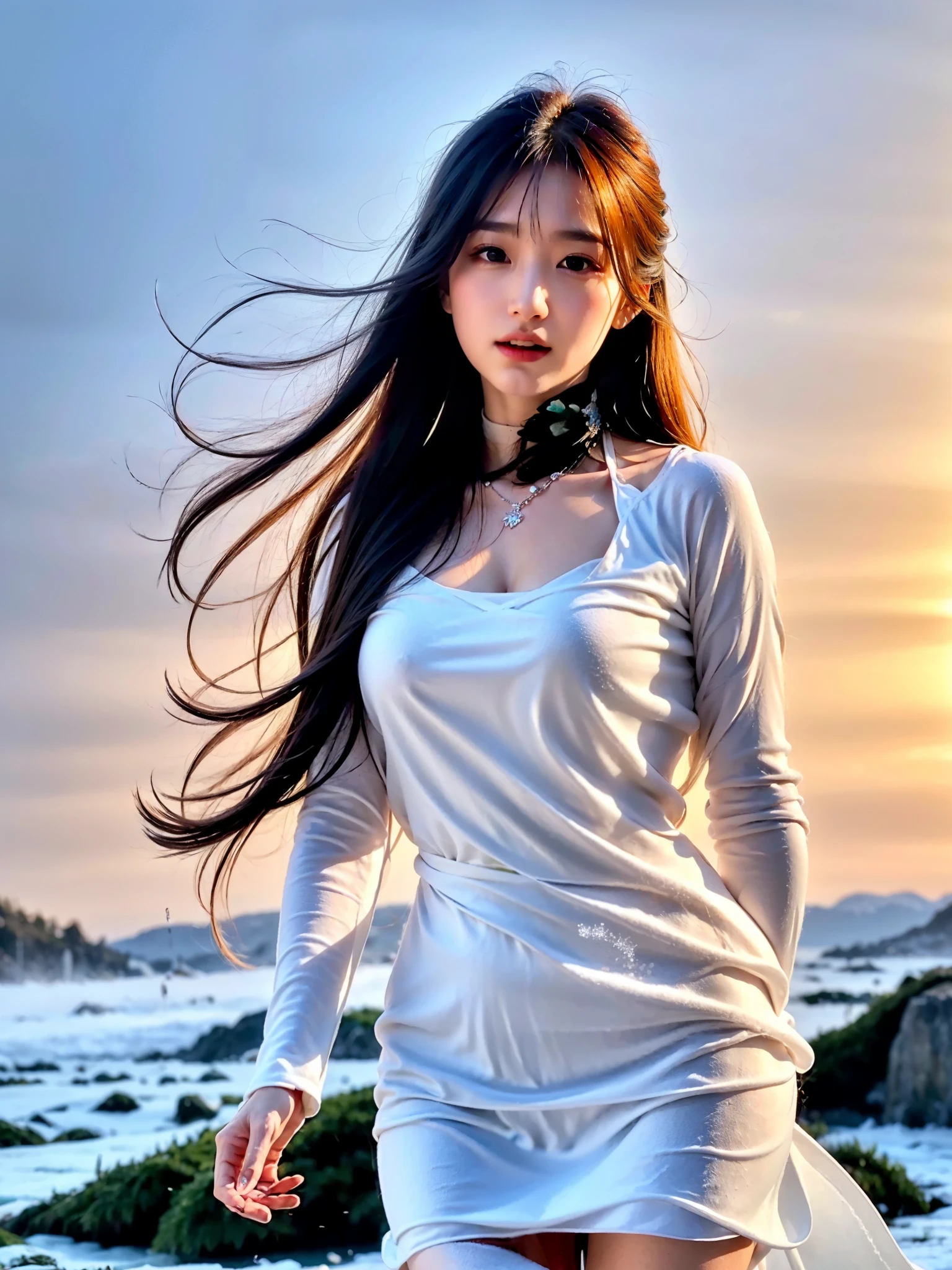 (best quality,4k,8k,highres,masterpiece:1.2),ultra-detailed,(realistic,photorealistic,photo-realistic:1.37),girl hit by waterfall,splash,winter,sky,from below,icy,icy waterfall,snow-covered landscape,dramatic lighting,shimmering snowflakes,frozen environment,frosty breath,sparkling water droplets,winter wonderland,frozen hair flying in the wind,Caucasian girl,expressive face,wind-blown clothing,water spraying in multiple directions,frozen icicles on the waterfall,subtle rainbow,brilliant blue sky,crystalline ice formations, dramatic perspective, frozen in mid-air,serene expression,reflections in the water,sparkling sunlight on the water's surface,subtle hues of white and blue,extreme detail description,icy mist,exploding water droplets,frozen eyelashes,winter magic,ethereal atmosphere
