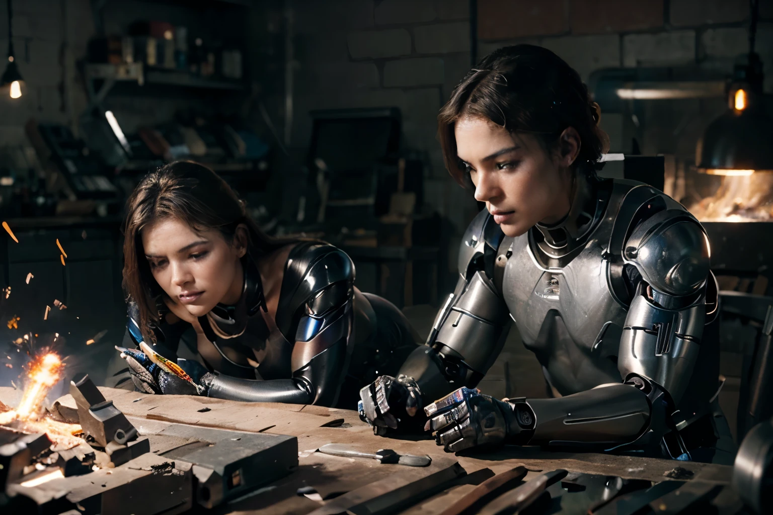 A cyborg repairing another cyborg, sparks, welding, photo realistic, hyper realistic, masterpiece