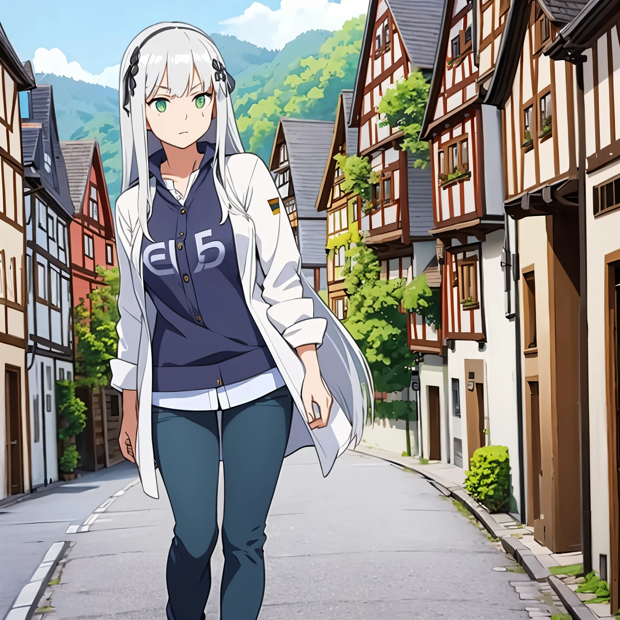 a woman with silver hair, wearing casual clothes in a traditional German town, green eyes.
