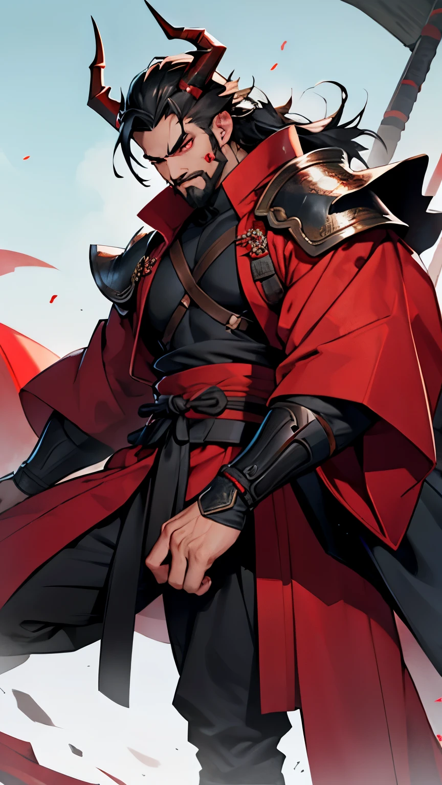 A boy with a goatee, red eyes, dragon horns and well muscled in samurai clothing.