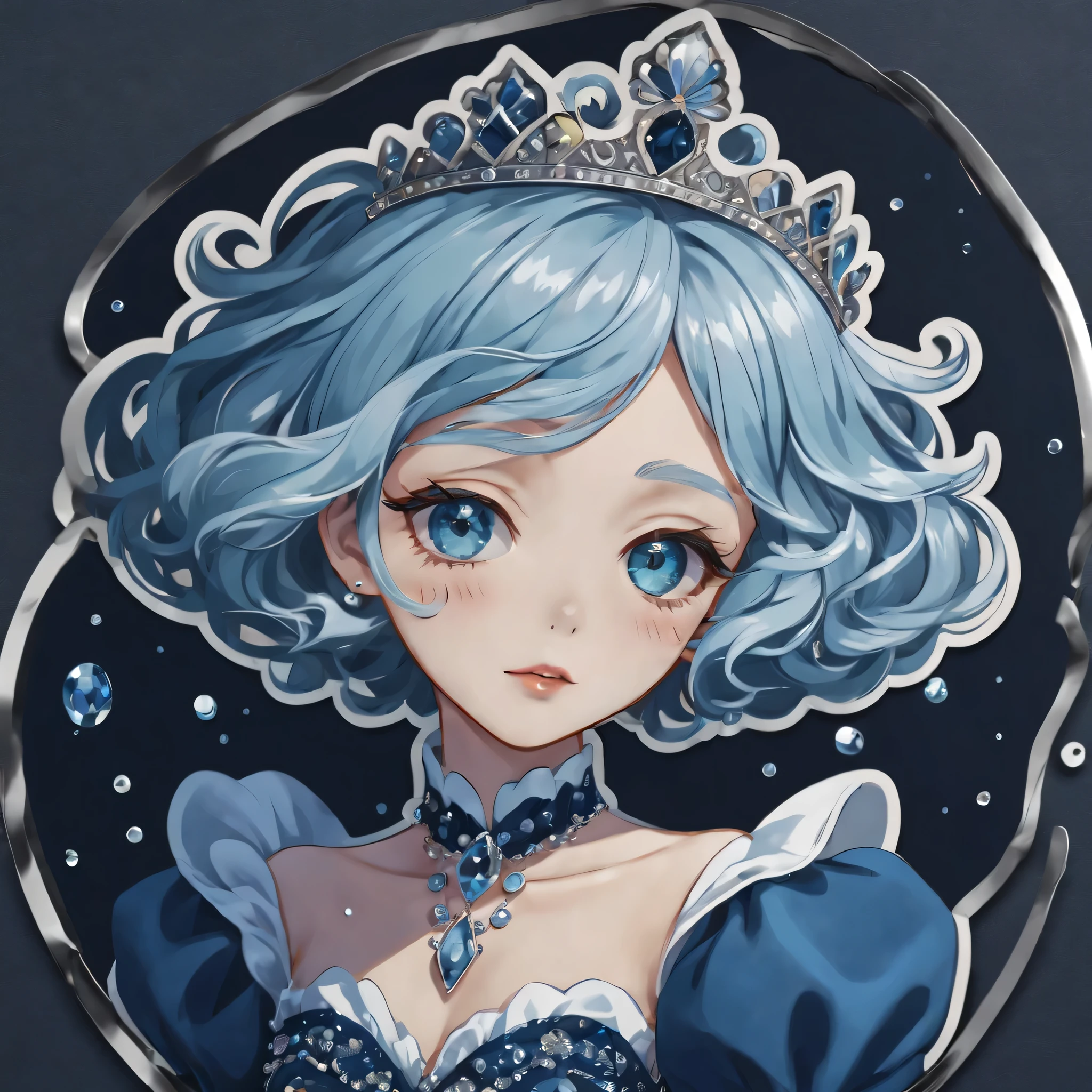 (a sticker,),(3d anime girl),skirt, grace,beautiful face,light blue wavy hair，Wearing a small silver diamond crown，(In circlerow dark blue ocean background), ( boundary)（oil painting style）， Super detailed, best quality, Detailed illustration, vectorized, 8k, Professional sticker design, Graphic design, vector line, a sticker, Full HD