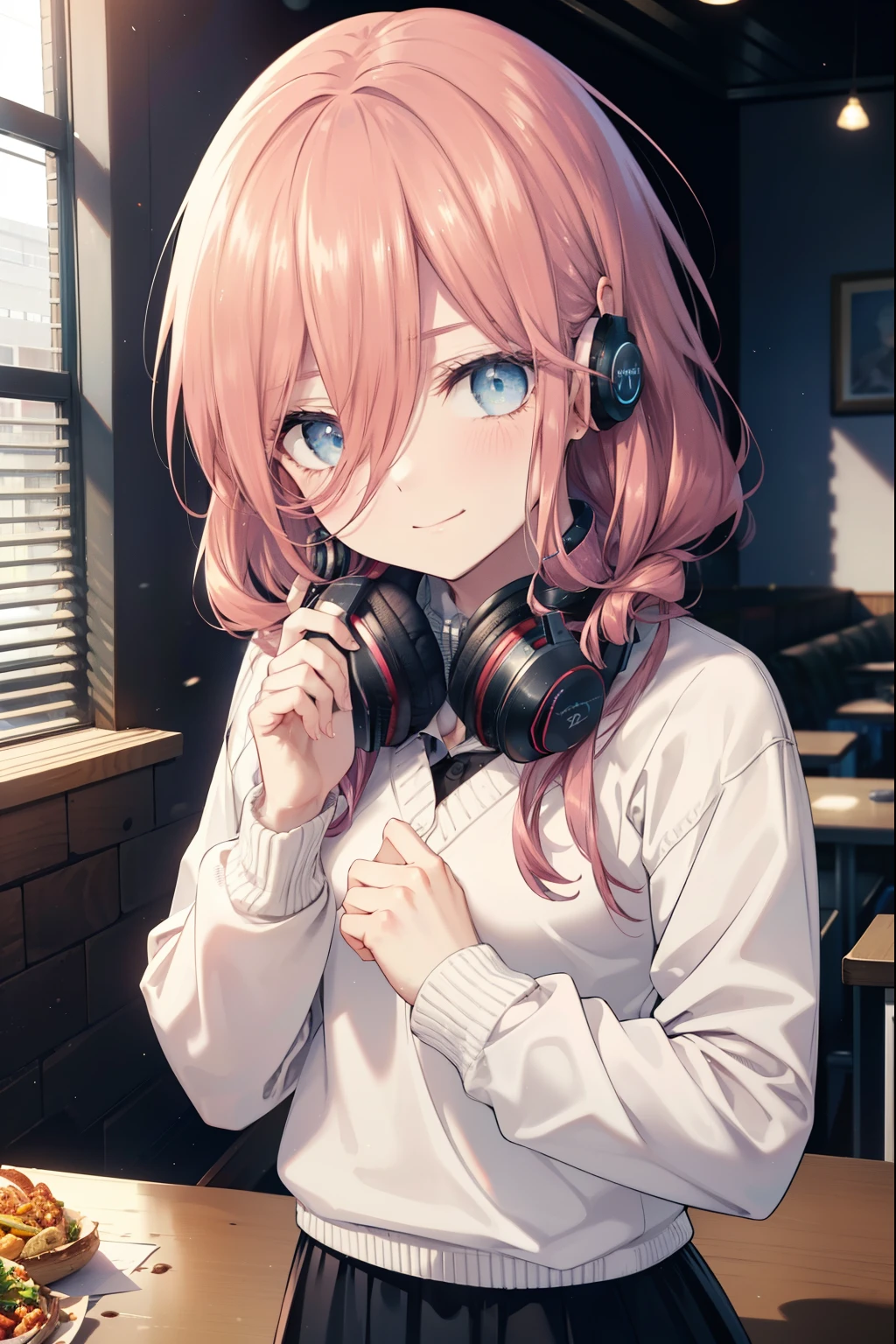 miku nakano, Nakano Miku Ticket III, long hair, bangs, blue eyes, brown hair, hair between eyes,smile,blush,headphones, headphones around neck,white sweater,black long skirt,food is placed on the table,
break indoors, restaurant,
break looking at viewer, (cowboy shot:1.5), (Upper body:1.5),
break (masterpiece:1.2), highest quality, High resolution, unity 8k wallpaper, (figure:0.8), (detailed and beautiful eyes:1.6), highly detailed face, perfect lighting, Very detailed CG, (perfect hands, perfect anatomy),
