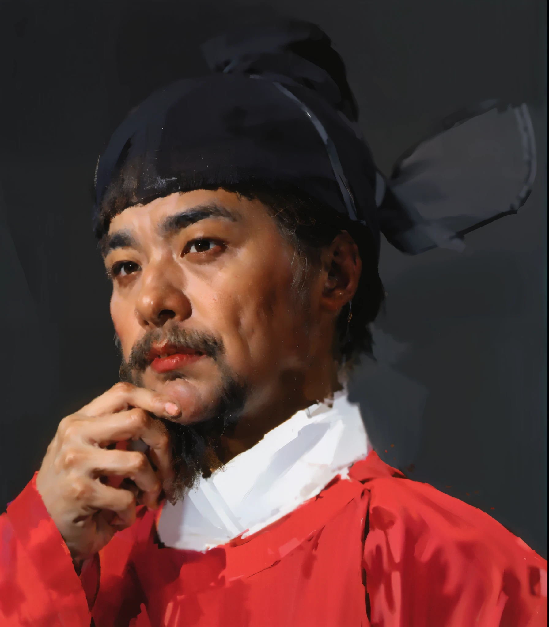 best quality,masterpiece,(:1.5),An ancient person from the Ming Dynasty of China,middle aged man,Older,thin,Old,frown。anger,Confuse,doubt,Goat's beard,have a beard,minister,official,man in red palace costume,unruly,fiercely的眼神,Stare hard to death,盯着middle aged man,Asian,sharp eyes and,Husband wears blue clothes,wearing a hat, Inspired by Shin Saimdang, traditional clothing, traditional clothing, Hanbok, noble clothing, korean Hanbok, aristocratic appearance, Korean male, Wear period-appropriate clothing, classical robe, precise, Wearing noble robes, Wearing ancient Chinese clothing,Dark brown wide-sleeved Hanfu,firm eyes,fiercely,handsome man,young people,(a detailed :0.353),(Renaissance classical style:0.8)