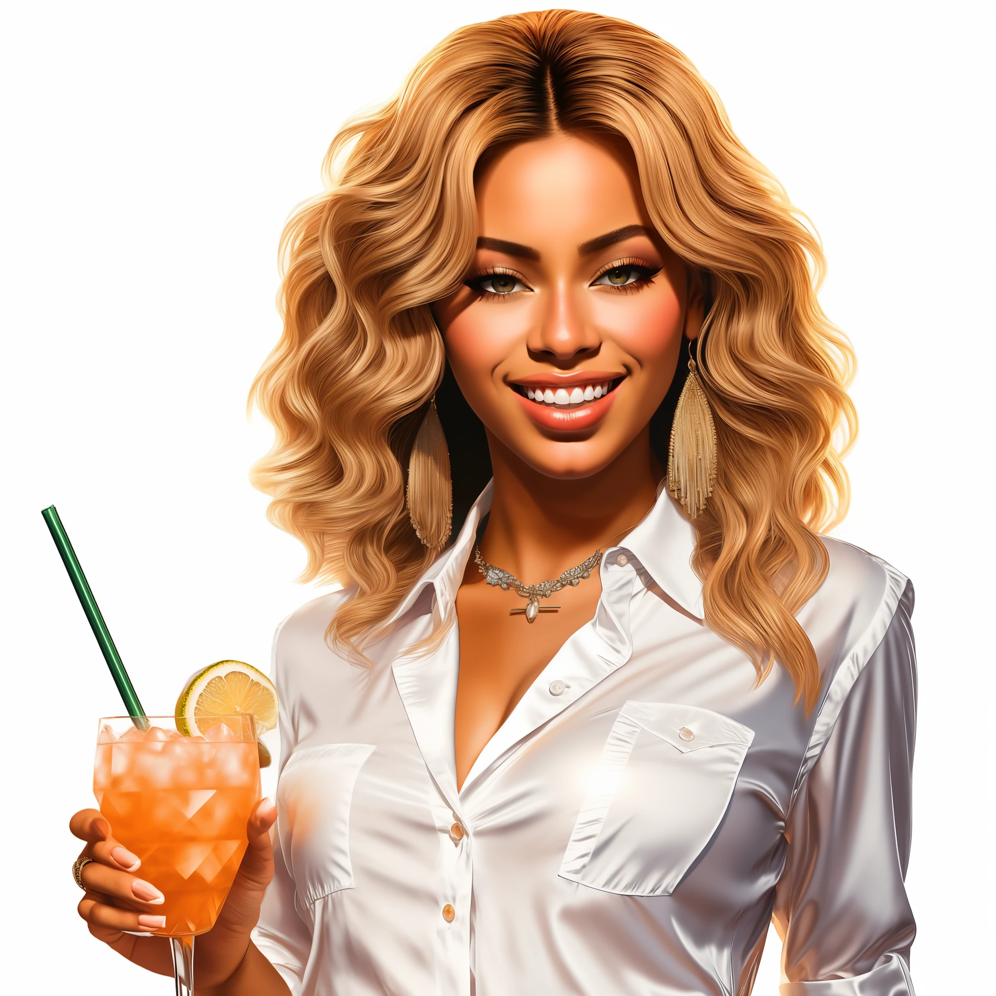 (best quality, ultra-detailed, hyper realistic) a full-body view with beautiful legs ultra-detailed illustration of a captivating artwork featuring smiling Beyoncé holding a tropical tail and wearing a white shirt in a red Business suit smiling, elegantly holding a tropical cock, evoking the essence of a femme fatale with a punk rock twist. Infuse the scene with elements reminiscent of "Apocalypse Now", inspired by the iconic 1960s painting style of Robert McGinnis. Embrace the pulpy aesthetic with beautiful detailed eyes and lips, white background, 12k UHD resolution, illuminated by cinematic lighting that creates dramatic shadows and a focused atmosphere. Pay close attention to character design, achieving sharp focus and dynamic lighting effects to enhance the cinematic feel of the composition. Utilize high definition rendering techniques, including volumetric lightin, beautiful fingers, eyes, nose, lips, teeth, face, hands, hair, white shirt, wearing beautiful white blouse