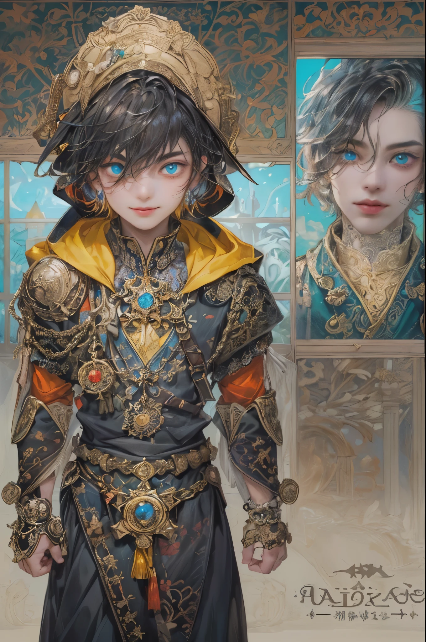 ((absurdres, highres, ultra detailed, perfect face), 1 boy , front view, young boy, handsome boy villain character from prince of Persia, short hair, anime eyes, celestial clothes with colorful details, eyes on the viewer, add red details to picture and smirk, dimples, extremely detailed CG unity 8k wallpaper, add blue details on side, intricate details and add yellow details on left, rose ornaments, witch castle background, detailed houses town scenery window background, tim burton style theme