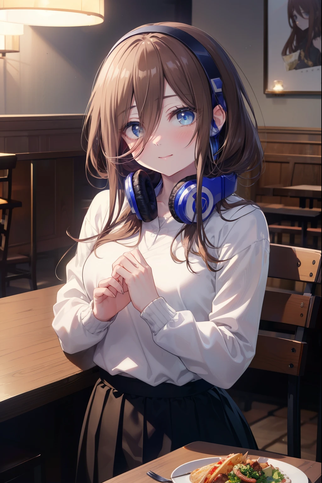 miku nakano, Nakano Miku Ticket III, long hair, bangs, blue eyes, brown hair, hair between eyes,smile,blush,headphones, headphones around neck,white sweater,black long skirt,food is placed on the table,sitting in a chair,
break indoors, restaurant,
break looking at viewer, (cowboy shot:1.5), (Upper body:1.5),
break (masterpiece:1.2), highest quality, High resolution, unity 8k wallpaper, (figure:0.8), (detailed and beautiful eyes:1.6), highly detailed face, perfect lighting, Very detailed CG, (perfect hands, perfect anatomy),