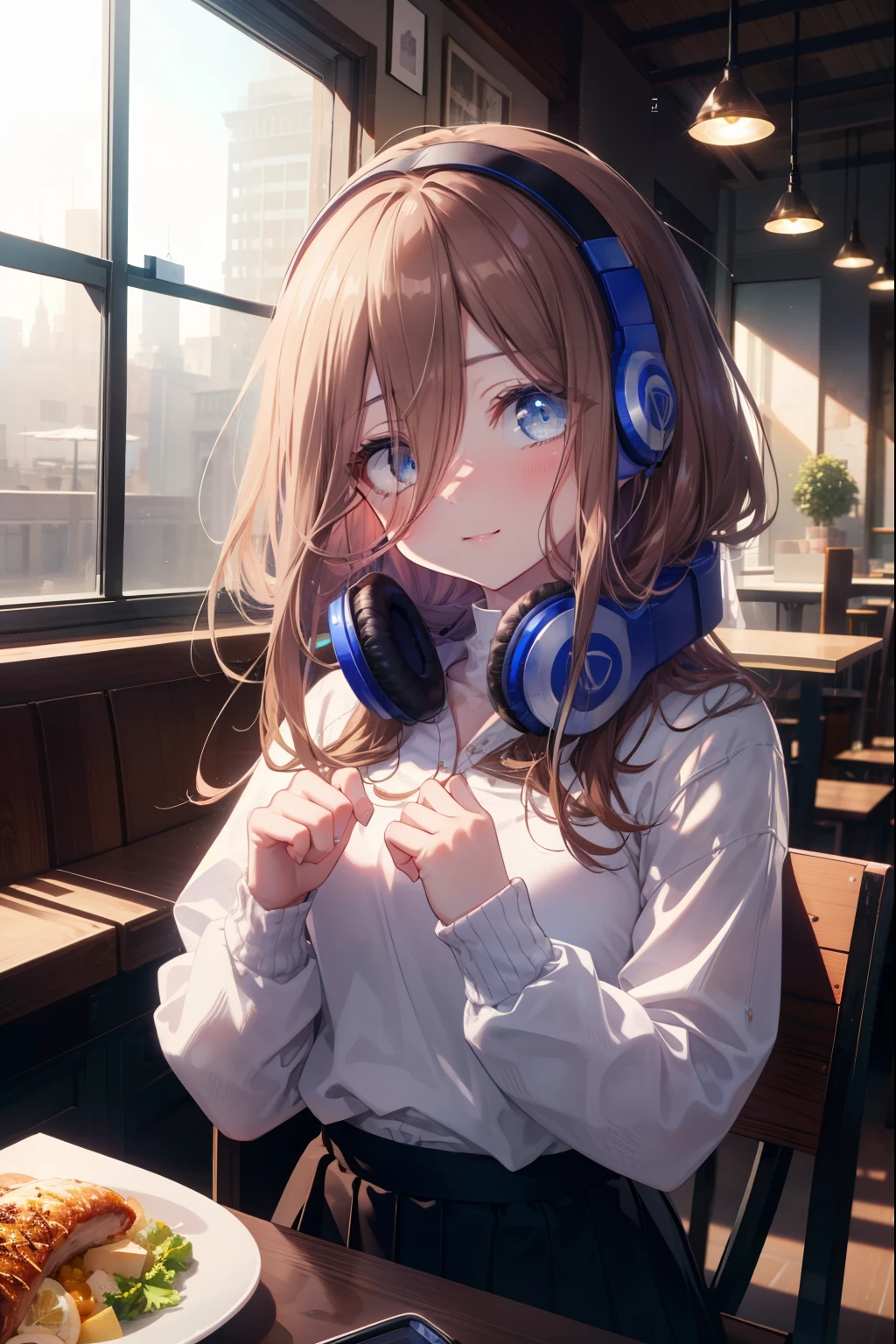 miku nakano, Nakano Miku Ticket III, long hair, bangs, blue eyes, brown hair, hair between eyes,smile,blush,headphones, headphones around neck,white sweater,black long skirt,food is placed on the table,sitting in a chair,
break indoors, restaurant,
break looking at viewer, (cowboy shot:1.5), (Upper body:1.5),
break (masterpiece:1.2), highest quality, High resolution, unity 8k wallpaper, (figure:0.8), (detailed and beautiful eyes:1.6), highly detailed face, perfect lighting, Very detailed CG, (perfect hands, perfect anatomy),