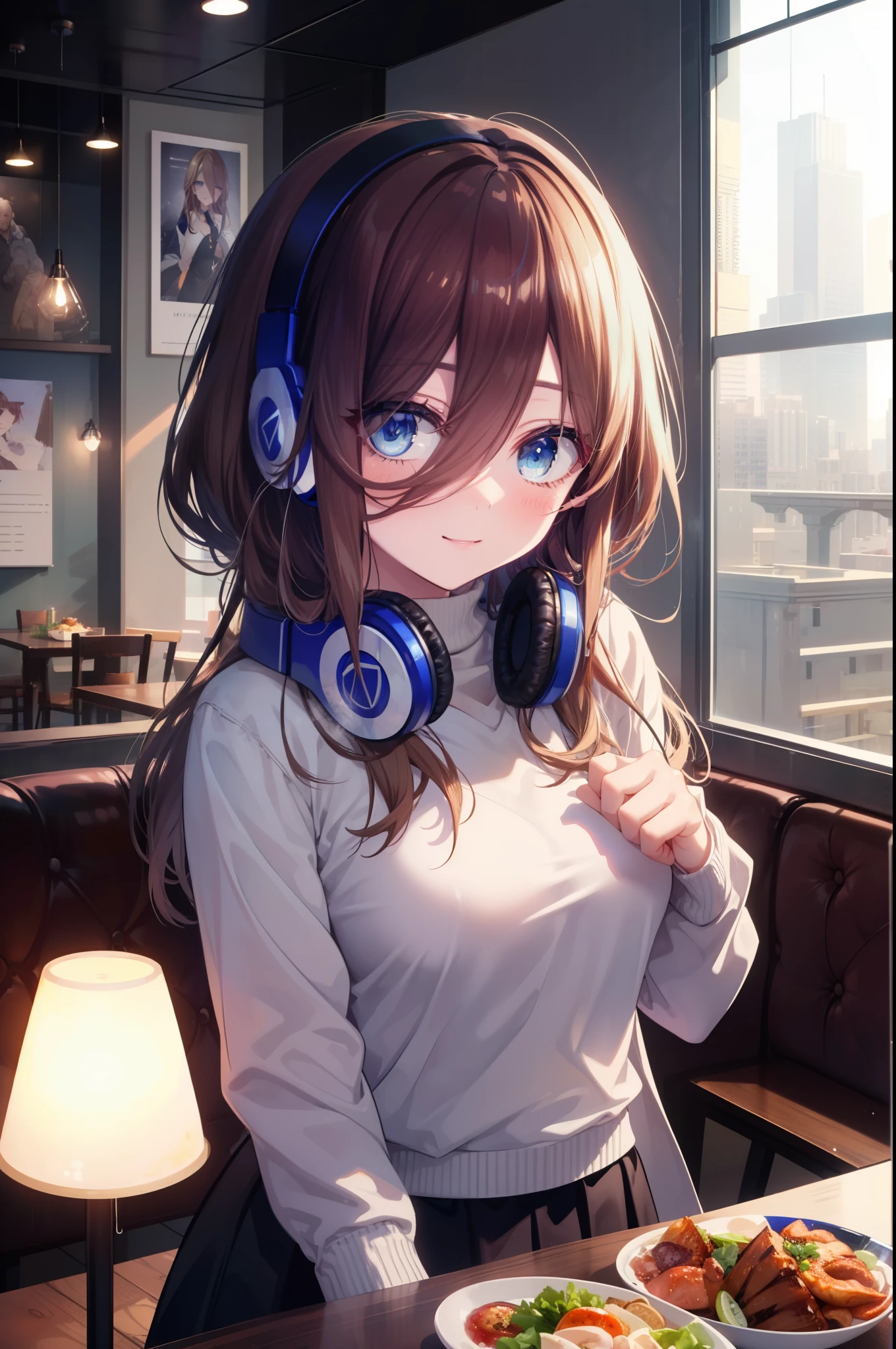 miku nakano, Nakano Miku Ticket III, long hair, bangs, blue eyes, brown hair, hair between eyes,smile,blush,headphones around neck,white sweater,black long skirt,food is placed on the table,sitting in a chair,
break indoors, restaurant,
break looking at viewer, (cowboy shot:1.5), (Upper body:1.5),
break (masterpiece:1.2), highest quality, High resolution, unity 8k wallpaper, (figure:0.8), (detailed and beautiful eyes:1.6), highly detailed face, perfect lighting, Very detailed CG, (perfect hands, perfect anatomy),