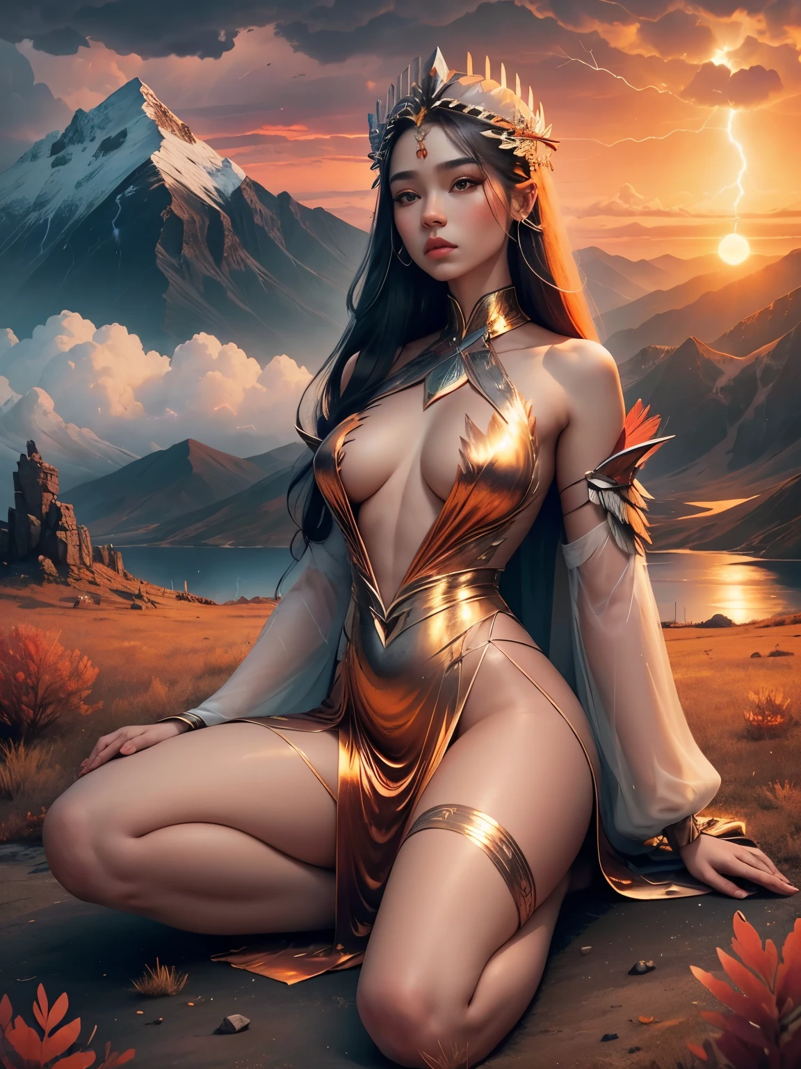 BEAUTIFUL WOMAN on the mountain, sunset sky, red sunset clouds, sunset, long hair in the wind, eagle feathers, eagle queen, goddess dressed in eagle feathers, fantasy, overexposure, perfect eyes, metallic colors, surreal art , full body, bare feet, view of mountainous horizon, lake in the distance, lady in the center of the scene, huge full moon in front of the sun, ((transparent clothing)), ((dark storm clouds with lightning)), falls lightning, light drizzle, fog in the distance, goddess on top of the mountain,