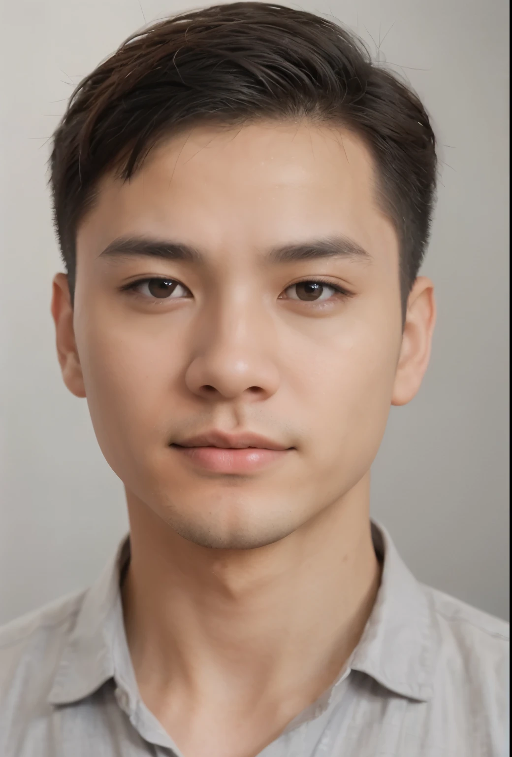 (photo: 1.3) af (realistic: 1.3), East Asian man, soft light, clear face, cheerful, warm light, ((gray-white gradient background)), (background)). ((gray wall background)) avatar, (short hair), handsome, young,, short hair, ((macro photography))