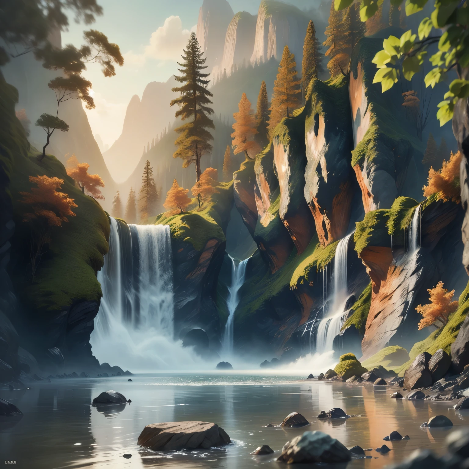 （masterpiece、Super exquisite、high resolution），郁郁葱葱的绿色山脉令人着迷的Scenic waterfall, 沐浴在柔和的sunset光下. The scene should evoke a sense of tranquility and. Bob Ross 和 Thomas Kinkade 的high resolution数字, Trending on DeviantArt and Pinterest, Render at 4K resolution，Attention to detail and realistic lighting，（sunset、Residual Yang、Scenic waterfall：1.5）