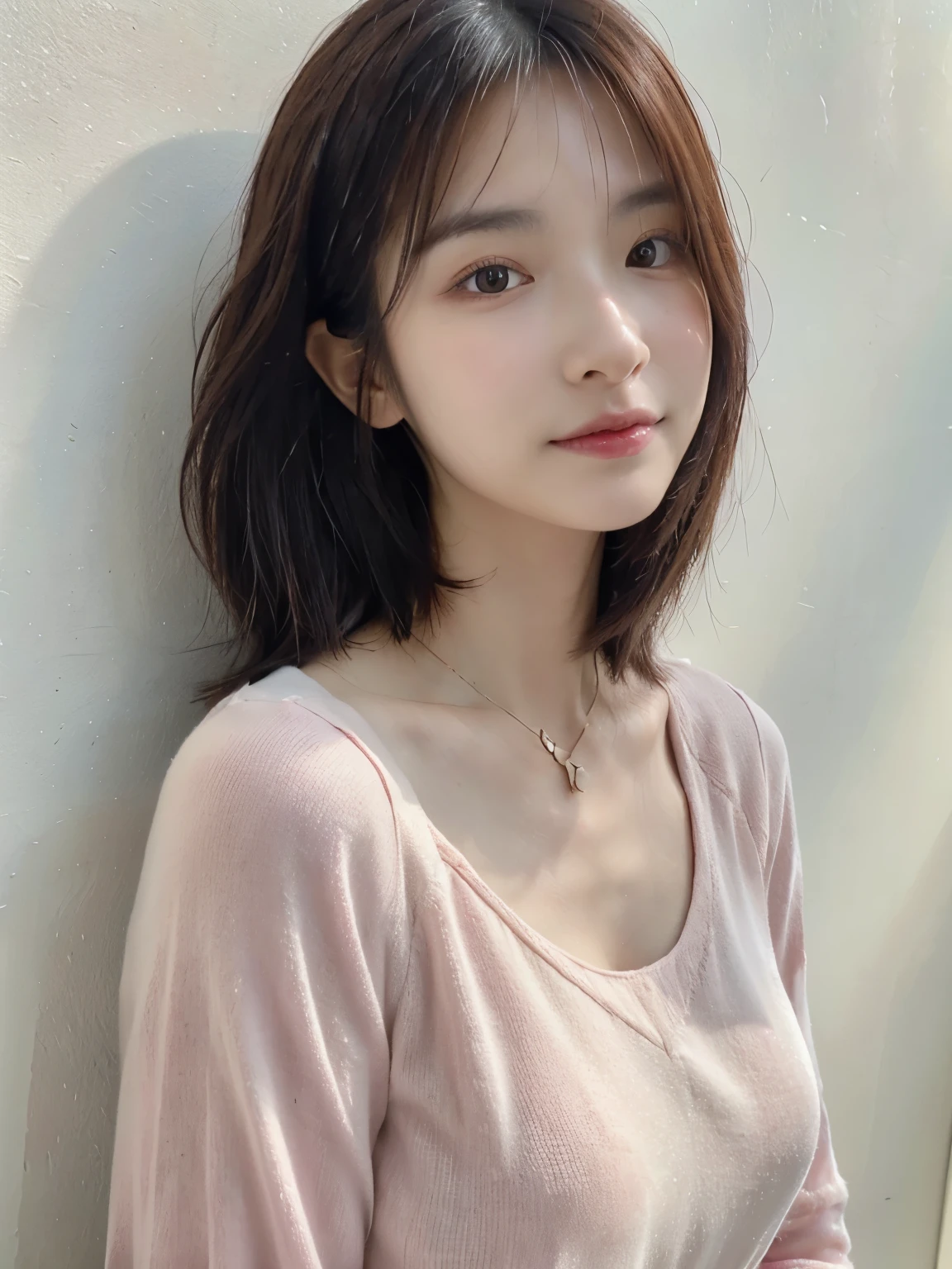 (Highly realistic photos, High resolution, detailed face, fine eyes), ((Taken in front of a white wall))、japanese woman, 40 years old, various expressions, alone:1, slim figure, different hairstyles, casual clothes, Only one person appears in the photo、long sleeve dress、Wearing black clothes、Photographed in natural light、simple necklace、spring clothes、don't look at the camera、profile、pink brown hair color、bob hair