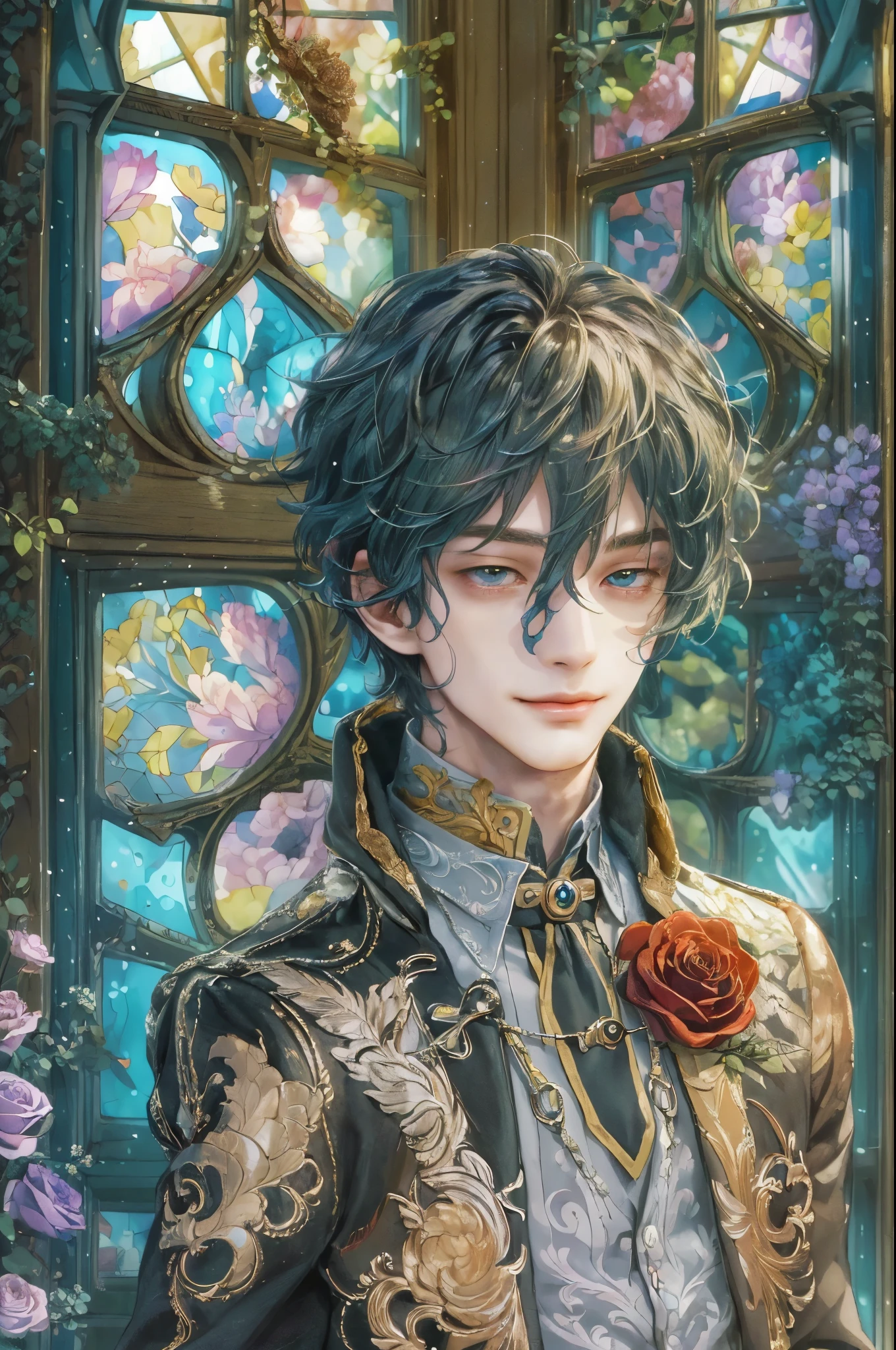 ((absurdres, highres, ultra detailed, perfect face), 1 boy , front view, young boy, handsome boy villain character from Uta no Prince sama, short hair, anime eyes, alchemist clothes with colorful details,  eyes on the viewer, add red details to picture and smirk, dimples, extremely detailed CG unity 8k wallpaper, add blue details on side, intricate details and add yellow details on left, rose ornaments, witch castle background, detailed houses town scenery window background, tim burton style theme