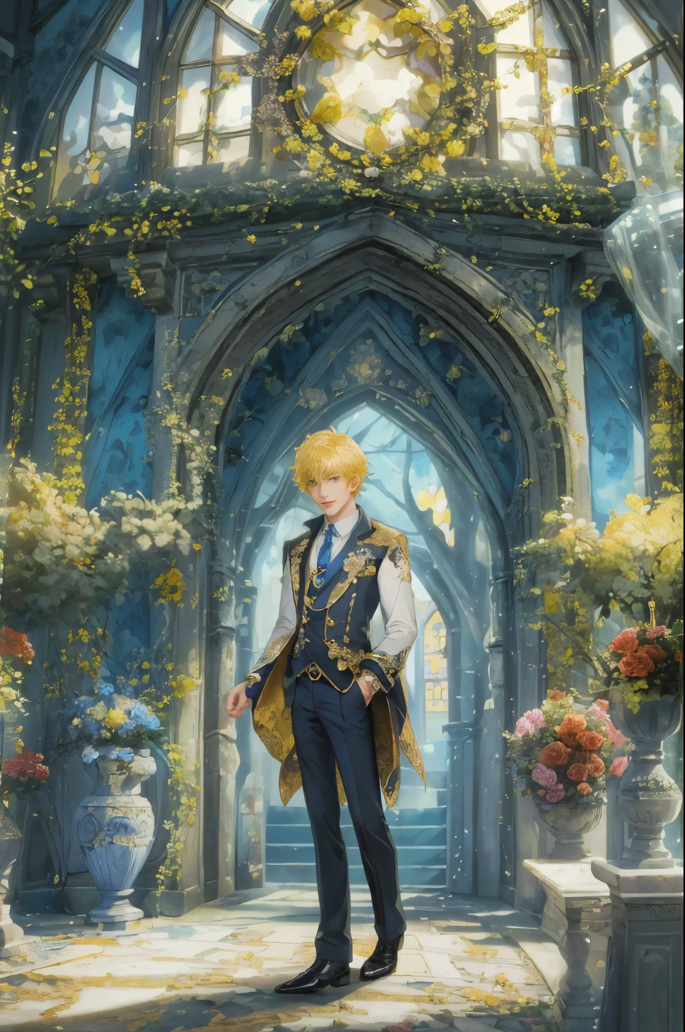 ((absurdres, highres, ultra detailed, perfect face), 1 boy , front view, young boy, handsome boy villain character from Uta no Prince sama, short hair, anime eyes, alchemist clothes with colorful details,  eyes on the viewer, add red details to picture and smirk, dimples, extremely detailed CG unity 8k wallpaper, add blue details on side, intricate details and add yellow details on left, rose ornaments, witch castle background, detailed houses town scenery window background, tim burton style theme
