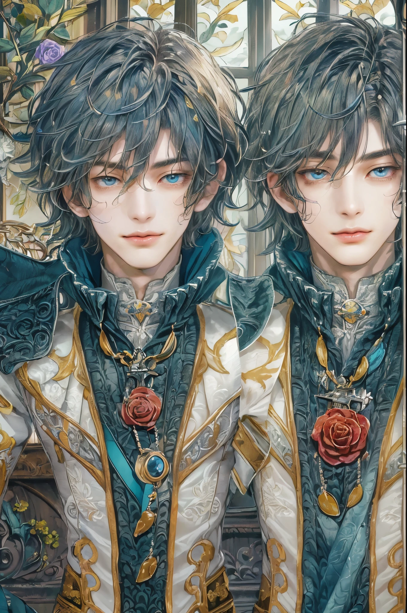 ((absurdres, highres, ultra detailed, perfect face), 1 boy , front view, young boy, handsome boy villain character from Uta no Prince sama, short hair, anime eyes, alchemist clothes with colorful details, eyes on the viewer, add red details to picture and smirk, dimples, extremely detailed CG unity 8k wallpaper, add blue details on side, intricate details and add yellow details on left, rose ornaments, witch castle background, detailed houses town scenery window background, tim burton style theme
