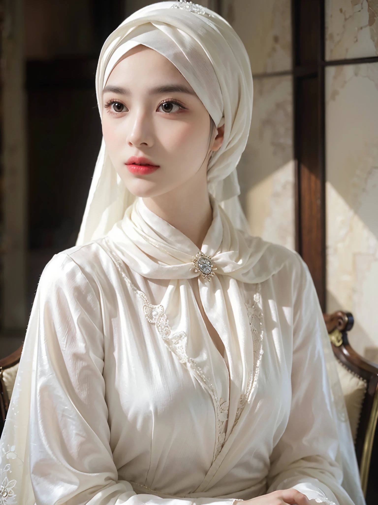 A stylish and elegant young woman wearing hijab from privileged society, her refined features exude sophistication and grace. This exquisite portrait, possibly a beautifully crafted oil painting, showcases her in a flowing gown of luxurious silk, adorned with intricate lace and delicate embroidery. Every meticulous brushstroke captures the essence of opulence, from the shimmering jewels adorning her neck to the intricate updo that perfectly frames her face. The image radiates an aura of wealth and stature, transporting viewers into the glamorous world of high society.