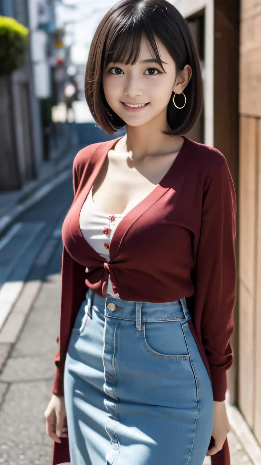 (Masterpiece, Best quality, RAW photo, Surrealism, 8k, Super detailed, Super beautiful), 
(maiko, Realistic skin, Idle face, Baby face, Beautiful and cute face, Round face, Black hair, Moist eyes, Shining eyes, Short bob cut, Bangs, Down-slating eyebrows, one little earring, Light blush, 18 years old, Japanese girl), 
(Anatomically correct, Perfect human body, slim waist and big breast style, Slim waist, Slender legs, Large breast), 
((Red mermaid skirt, floral blouse, thin cardigan)), 
(turn the body forward, show feet), (Look at the viewer), 
(angel smile), 
(Tokyo, A casual street where many teenagers walk, many young people walking), 
Natural lighting, full length, whole body, angle from below