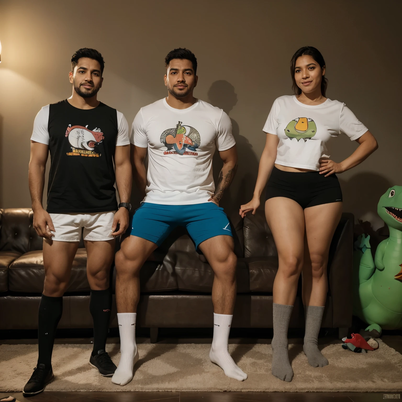 create a cartoon or graphic based image of a young Indian white complexion lad having gynecomastia condition (huge sagging fatty pointy chest / breasts) , wearing a tshirt, depressed and sad, looking towards his fat chest and worried about what people think about his fat chest also keep few normal thin males and females in the background looking at his fat sagging pointy breasts and few females laughing , smiling and staring towards him.