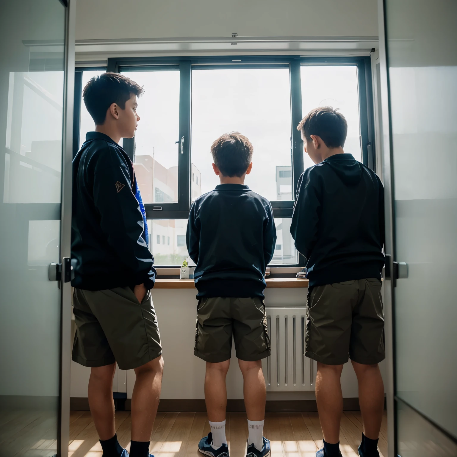 3 boys inside class see a window with unifrom
