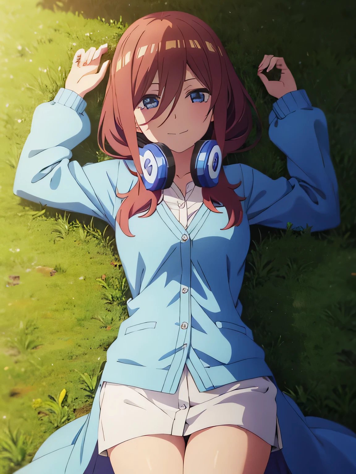 solo, 1girl, looking at viewer, 2D, anime, anime coloring, high quality solo, cowboy shot, lying, on back, on grass, spread arms, shy smile, arms up, closed mouth, miku nakano, cardigan, headphones around neck, looking at viewer, smile