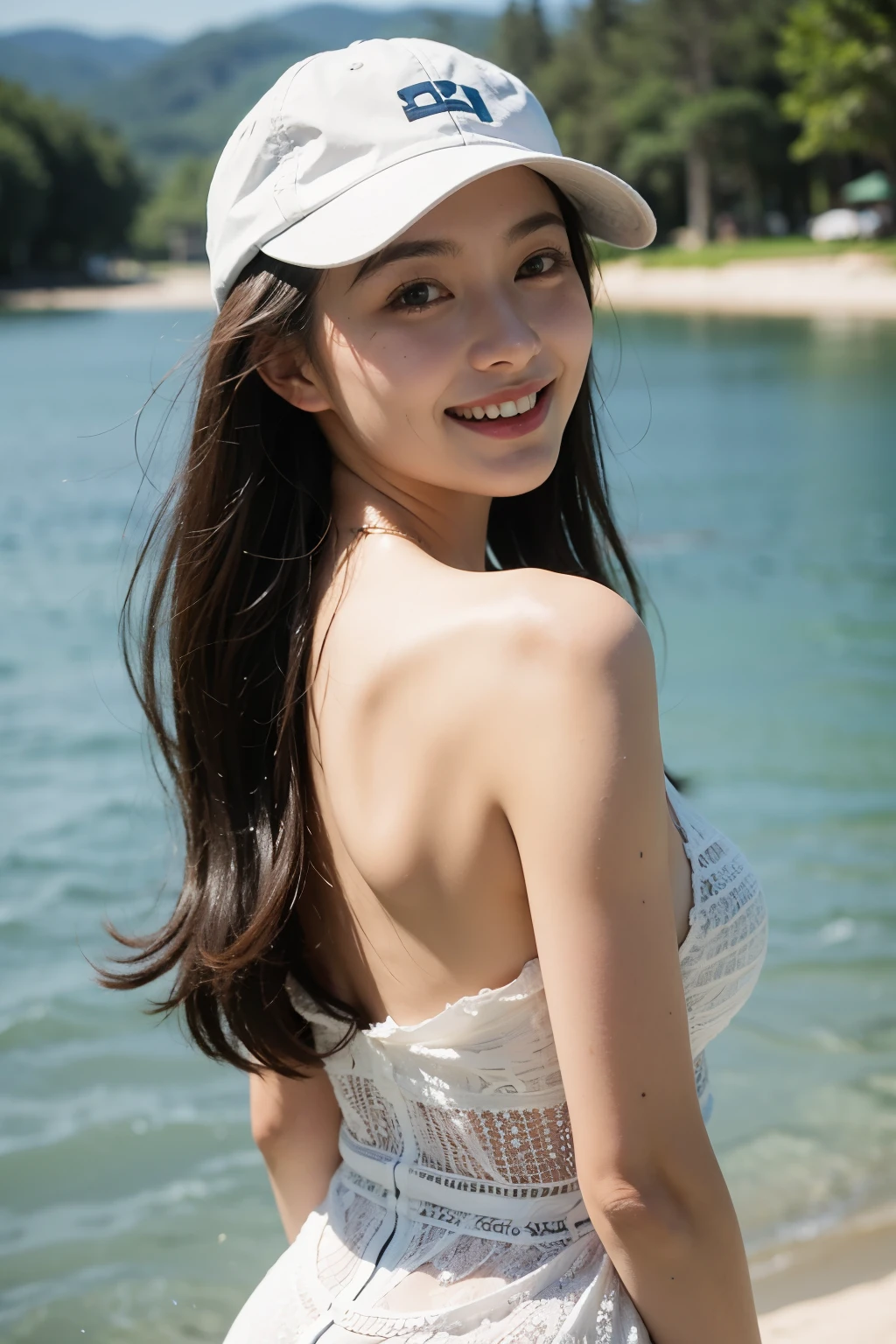 8K分辨率,hyper HD,Realistic skin texture,Realistic light and shadow,Real hair,Beautuful Women,Tall figure,Holy,Pure,Royal Sister,look straight at the camera,beachside,Warmth,Homely atmosphere,Raised sexy,sensuality,information,Gentle acceptance,Real eyes,There are God's eyes,White skin,Slender fingers,An expression of happiness,Lovely appearance,Real water,summer day,High ponytail,Expose your palms,grin