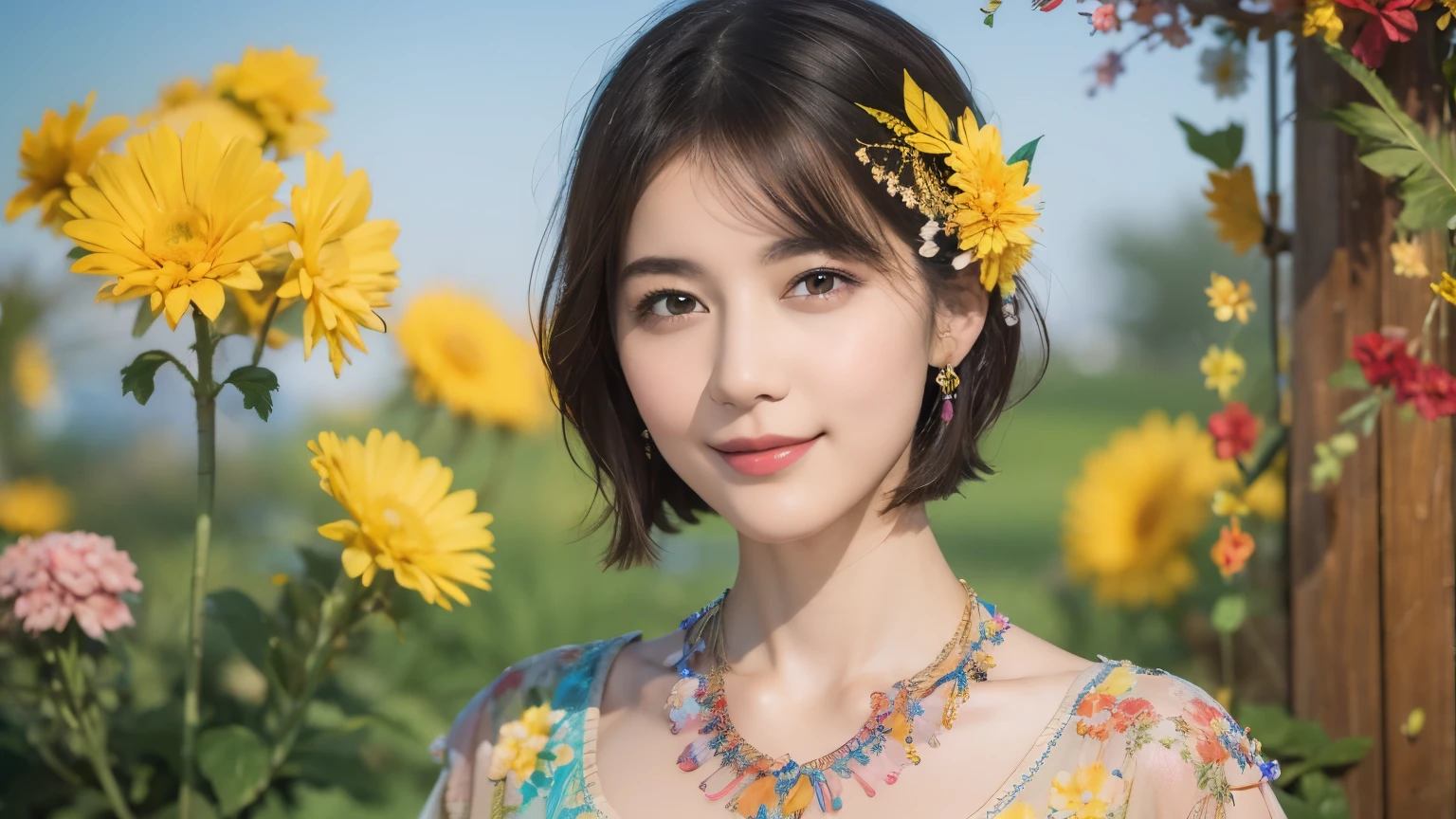 173
Shorthair, a 20 yo woman, gentle smile, colorful flowers, feather, (fractal art:1.46)