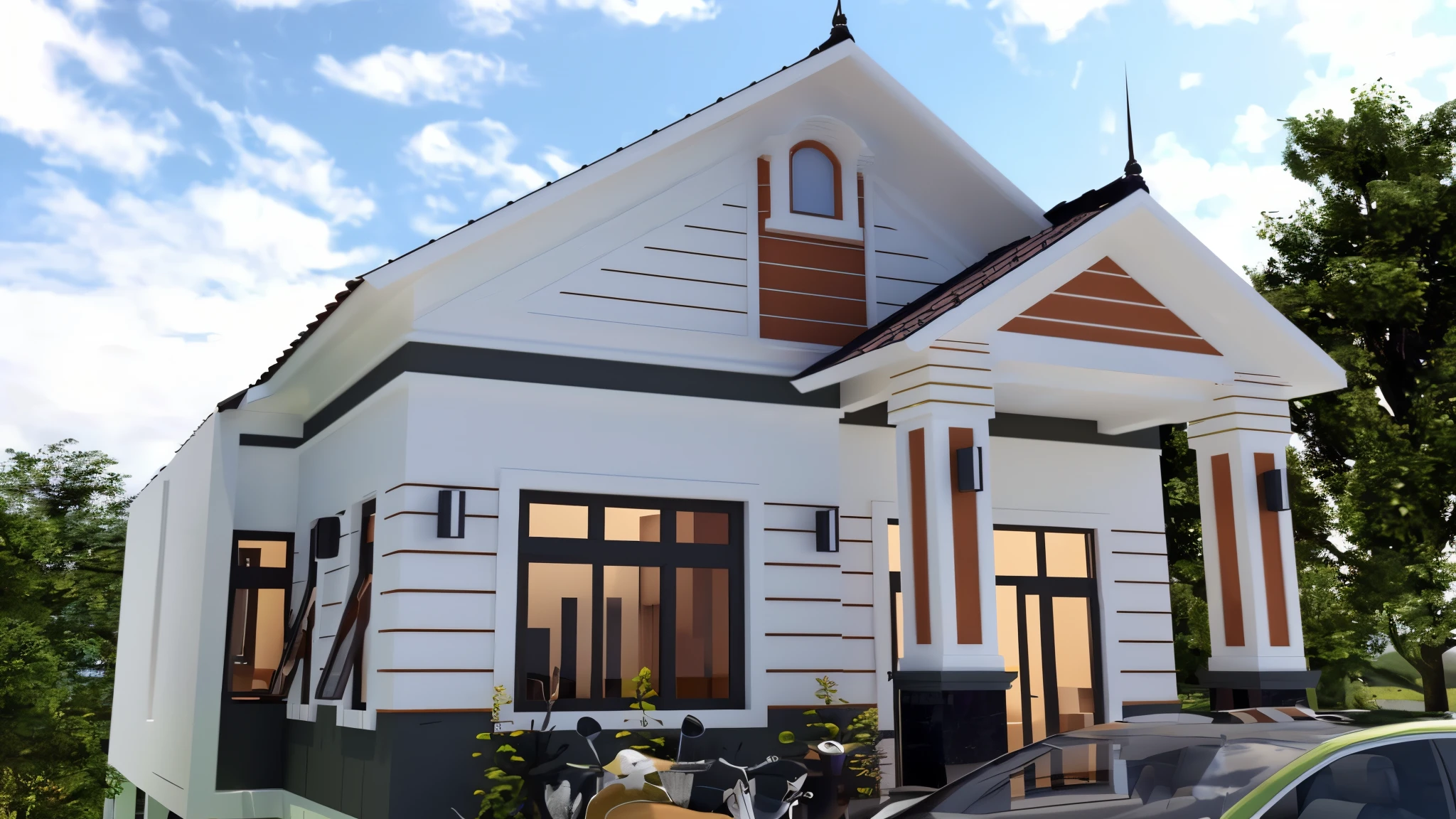 there is a small house with a car parked in front of it, overall architectural design, exterior design, perspective view, front perspective, beautifully detailed render, inter dimensional villa, pristine and clean design, realistic 3 d style, realistic 3d render, realistic 3 d render, very realistic 3 d render, beautiful rendered, architectural 3 d render, high detail 3 d render