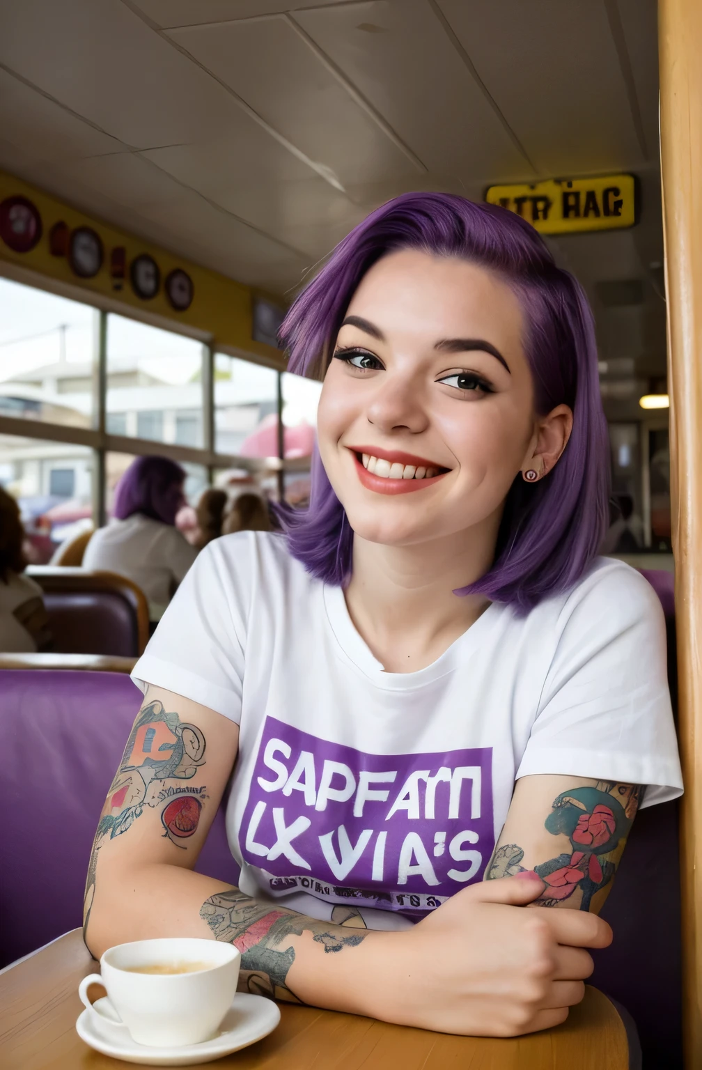 street photography photo of a young woman with purple hair, smile, happy, cute t-shirt, tattoos on her arms, sitting in a 50s diner