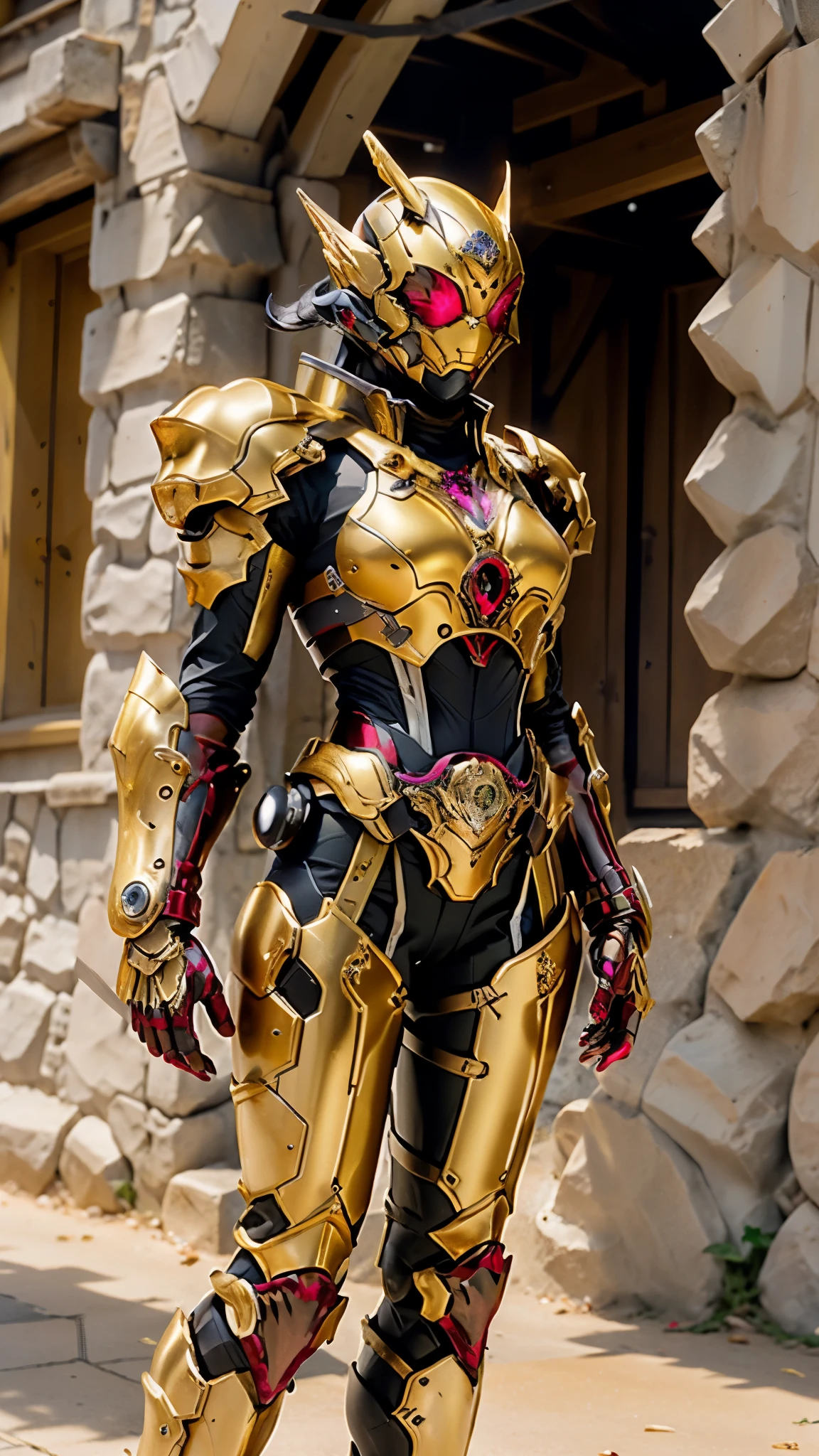 A woman adorned in fantasy-style full-body armor, a crown-concept fully enclosed helmet that unveils only her eyes, a composite layered chest plate, fully encompassing shoulder and hand guards, a lightweight waist armor, form-fitting shin guards, the overall design is heavy-duty yet flexible, ((the armor gleams with a golden glow, complemented by red and blue accents)), exhibiting a noble aura, she floats above a fantasy-surreal high-tech city, this character embodies a finely crafted fantasy-surreal style armored hero in anime style, exquisite and mature manga art style, (Queen bee mixed with Spider concept Armor, plasma, blood), ((Element, energy, elegant, goddess, femminine:1.5)), metallic, high definition, best quality, highres, ultra-detailed, ultra-fine painting, extremely delicate, professional, anatomically correct, symmetrical face, extremely detailed eyes and face, high quality eyes, creativity, RAW photo, UHD, 32k, Natural light, cinematic lighting, masterpiece-anatomy-perfect, masterpiece:1.5