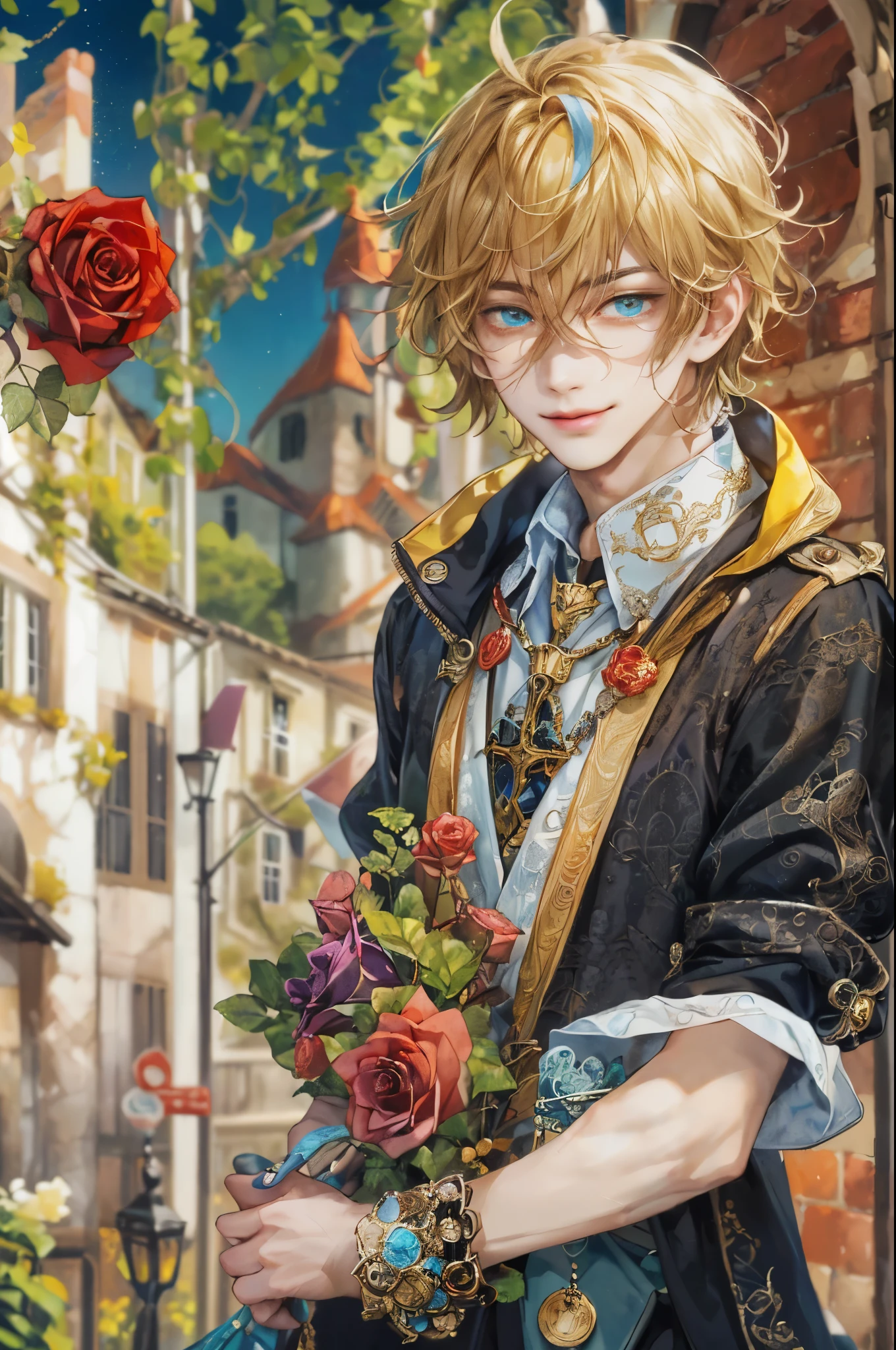 ((absurdres, highres, ultra detailed, perfect face), 1 boy , front view, young boy, handsome boy villain character from Uta no Prince sama, short hair, anime eyes, alchemist clothes with colorful details, eyes on the viewer, add red details to picture and smirk, dimples, extremely detailed CG unity 8k wallpaper, add blue details on side, intricate details and add yellow details on left, rose ornaments, witch castle background, detailed houses town scenery window background, tim burton style theme