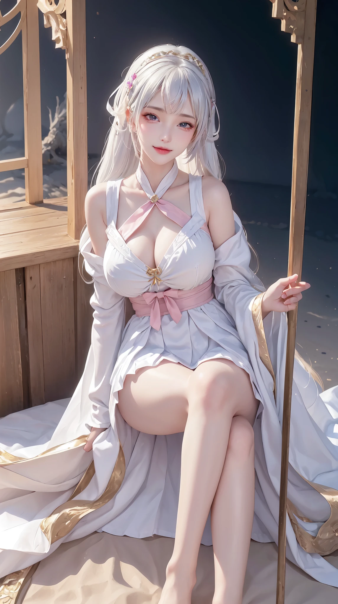 best quality at best,masterpiece,extremely delicate and beautiful,The content is very detailed,CG,,8k wallpaper,surprising,depth of field,1 chinese girl,very beautiful look,delicate skin,flawless face,Without makeup,white hair,长长的white hair,high ponytail,There are two strands of white hair on both sides of the ears,Wear pink hair accessories,Eye color is sky blue,exquisite eyes,eyes sparkling,smiley face, Put on a sailor suit、pleated skirt,medium 、There is one by the sea、(on the beach)、 light, realistically, masterpiece, best quality, Complex CG, The facial details are very rich, high detail eyeull bodyesbian locked,above knee