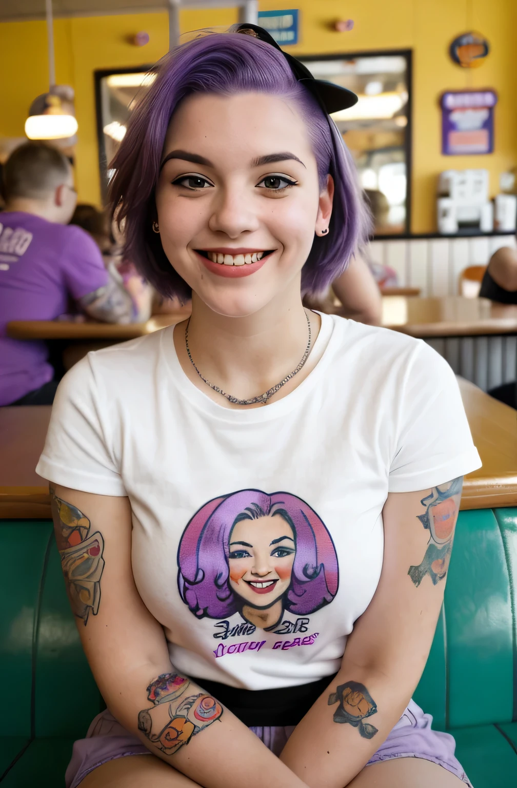 street photography photo of a young woman with purple hair, smile, happy, cute t-shirt, tattoos on her arms, sitting in a 50s diner