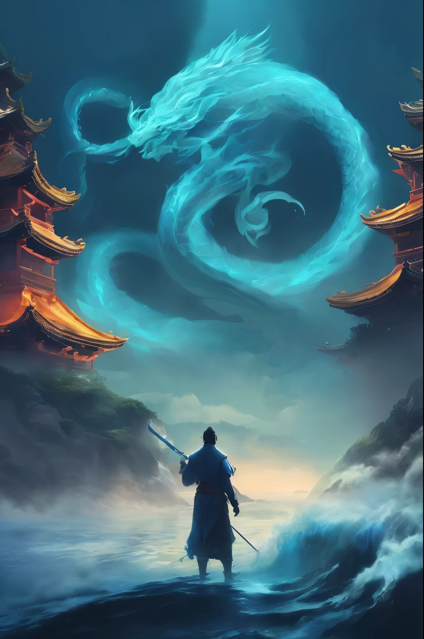 Image of Arafad with a man standing in the water holding a sword, cyan chinese dragon fantasy, Chinese fantasy, concept art wallpaper 4k, 3840x2160, 3840×2160, wallpaper 4k, wallpaper 4k, Epic fantasy digital art style, person with dragon soul