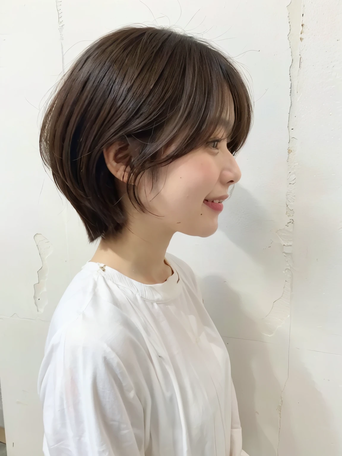 (8k、RAW photo、highest quality、masterpiece:1.2)、ライトブラウンのlong sleeve dress、High-definition RAW color photo、professional photos、(realistic、photo realistic:1.37)、Photographed in natural light、1 girl、laughter、white wall、Taken in front of the white door、Various poses、break (ombre:1.3) 、spring clothes、simple necklace、long sleeve dress、(Beautiful profile:1.3)、don't look at the camera、profile、bob、bobヘア、bob cuts、((Hair color is dark brown))