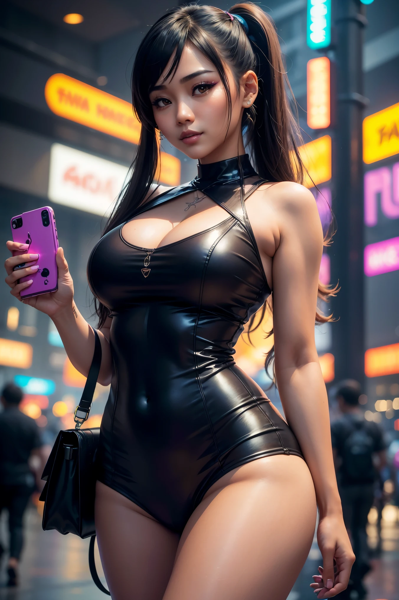 (30 years old), ((cute SFW Filipina|Thai woman holding colorful_smartphone to take selfie, thighs, detailed face and eyeshadow, crowded cyberpunk plaza)), hourglass figure, smile, intricate, big breasts, bangs, (long pigtails), Cinematic lighting, global illumination, studio lighting, daytime, highly detailed, 64k, octane render, trending on artstation, soft fill lighting