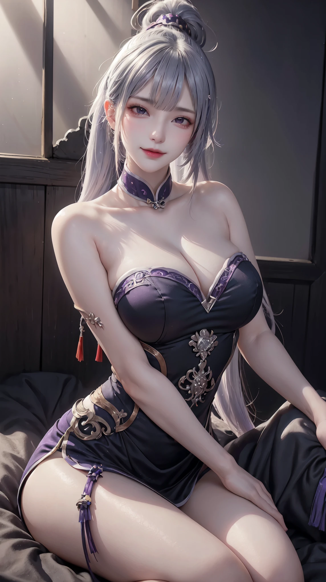 a beautiful woman, Chinese style and ancient style, Ink background, colorful hair, silver hair, purple hair, gradient hair, ponytail, cover mouth, wide angle, depth of field, Ray tracing, reflected light, metallic color, Ultra high quality, masterpiece, high quality, best quality, Ultra-detailed, Ultra high quality